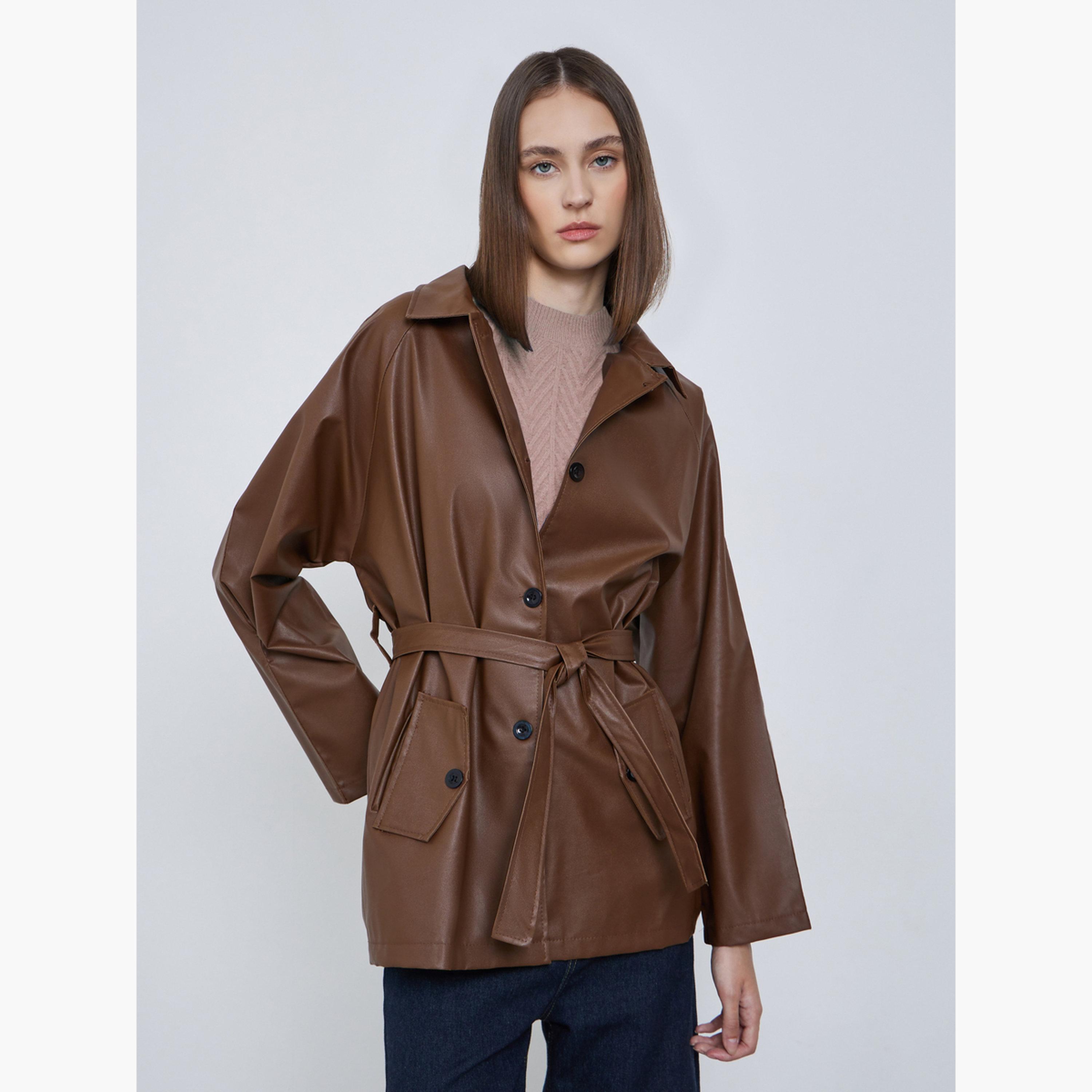 Styli Solid Collared Long Sleeves Women's Button Through Tie Belt Jacket-women-winterwear-coatsandjackets-jackets-image-1