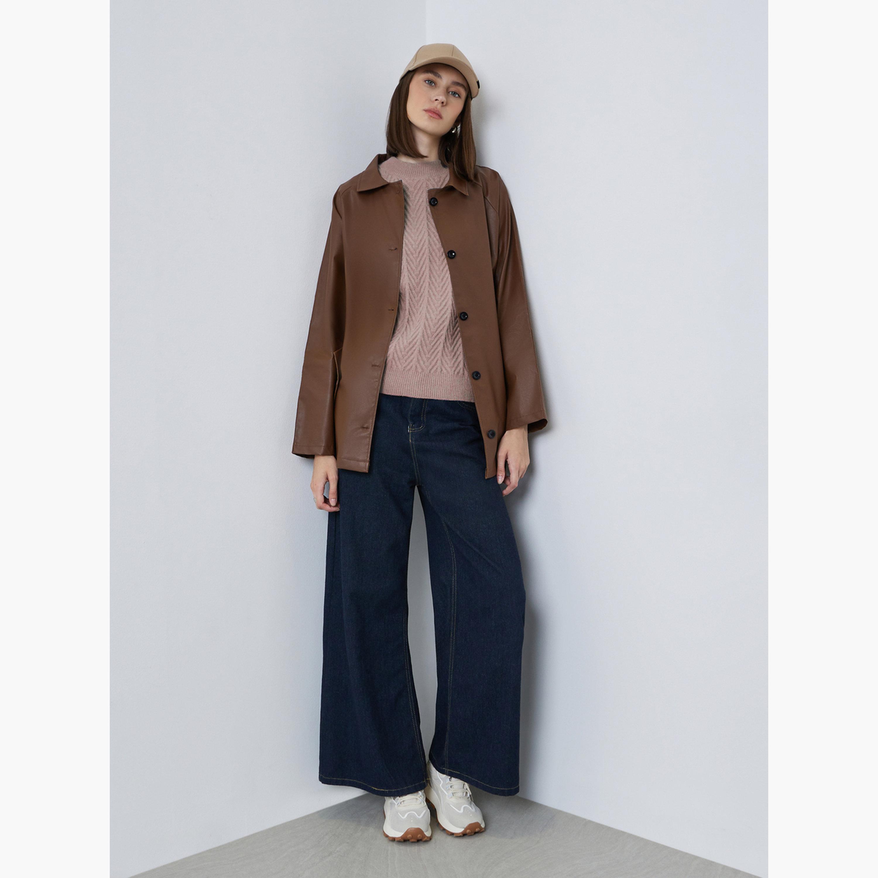 Styli Solid Collared Long Sleeves Women's Button Through Tie Belt Jacket-women-winterwear-coatsandjackets-jackets-image-2