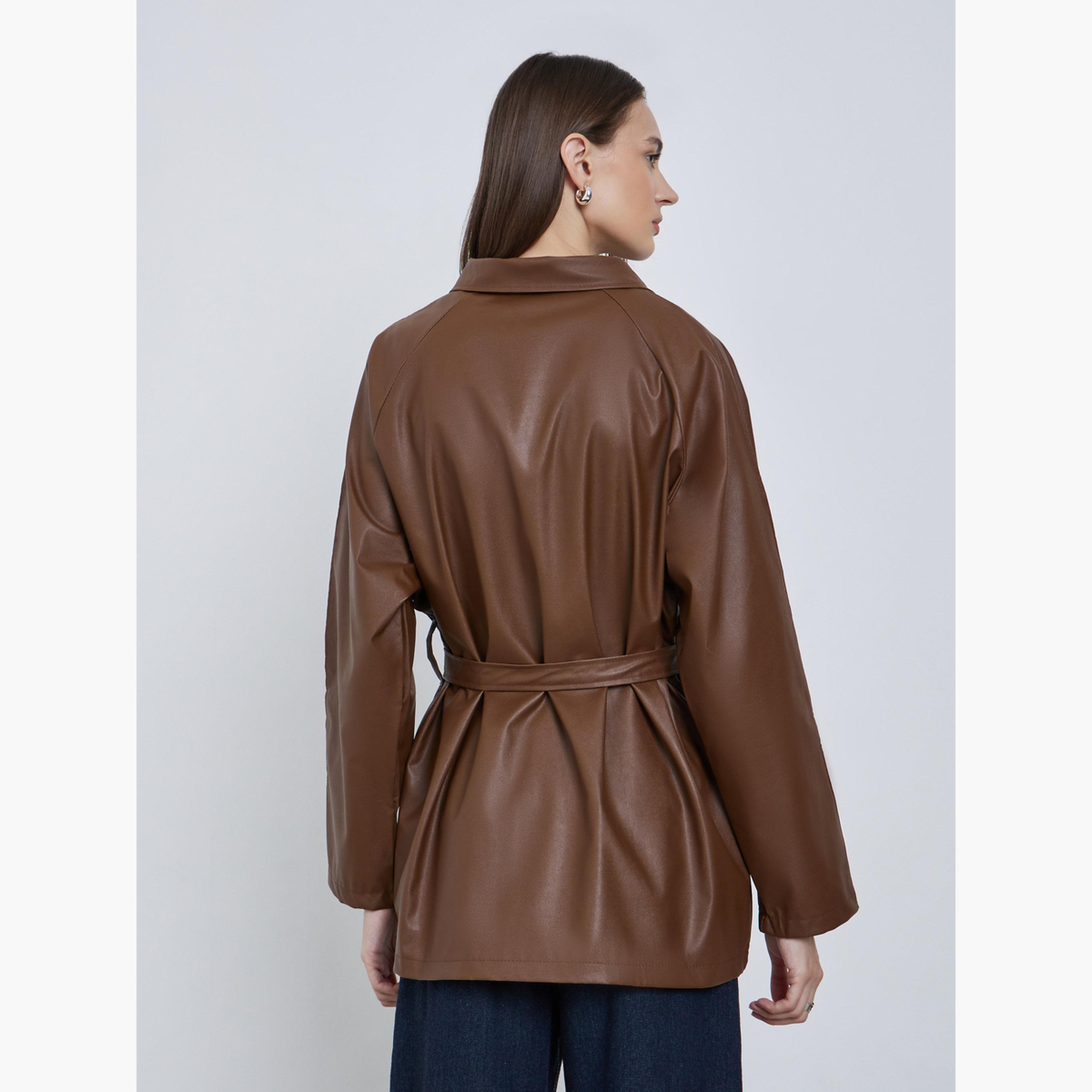 Styli Solid Collared Long Sleeves Women's Button Through Tie Belt Jacket-women-winterwear-coatsandjackets-jackets-image-3