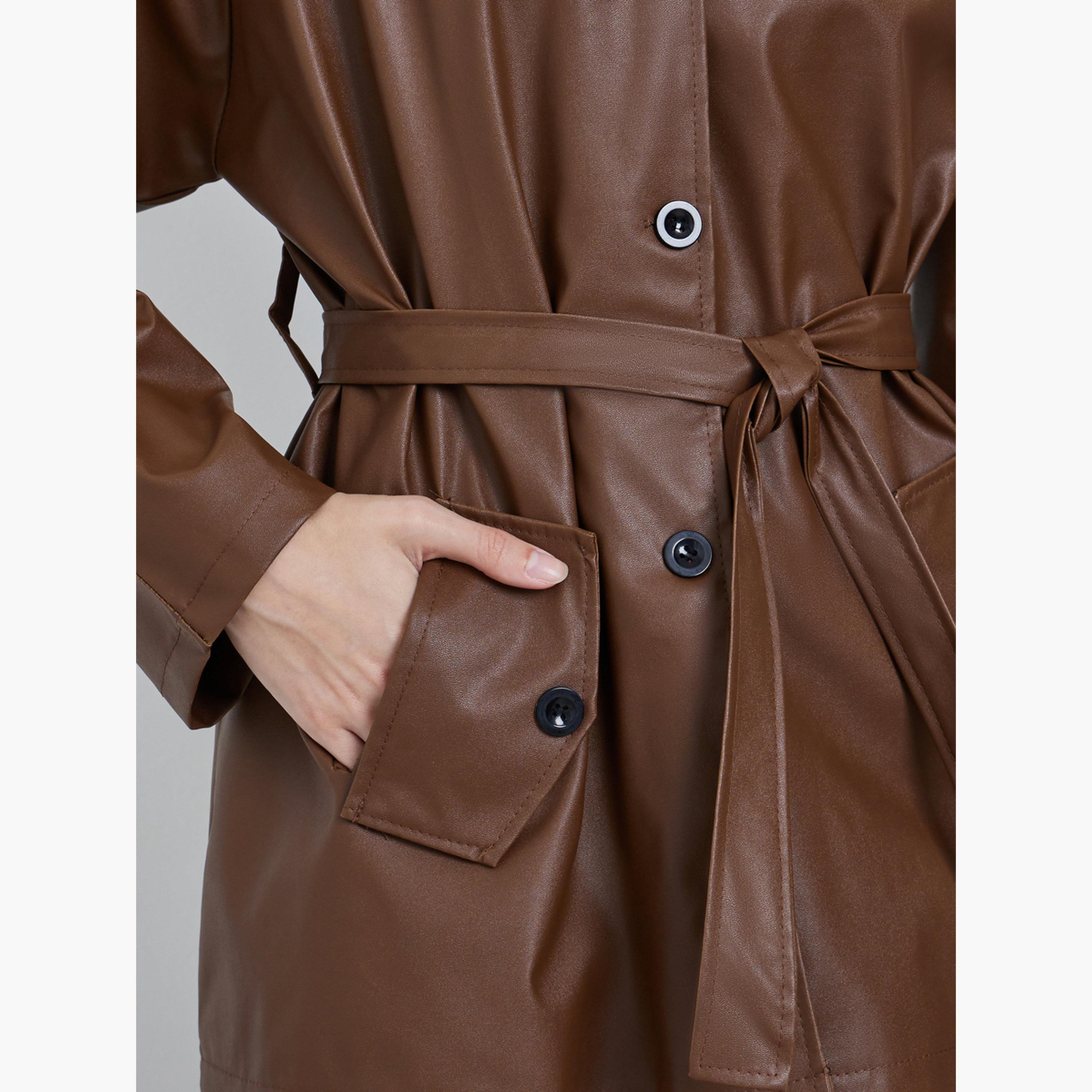 Styli Solid Collared Long Sleeves Women's Button Through Tie Belt Jacket-women-winterwear-coatsandjackets-jackets-image-4