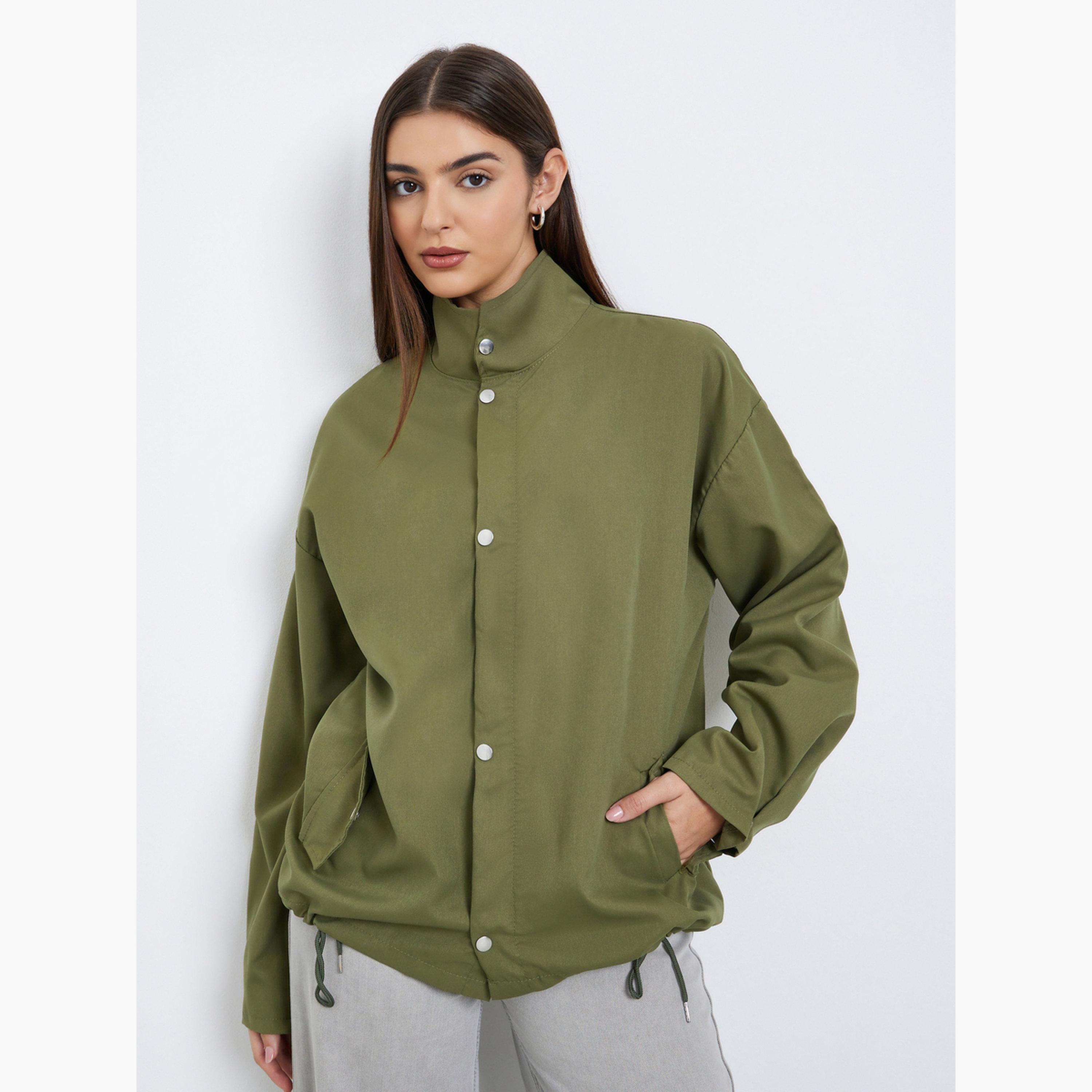 ستايلي - سترة طويلة عملية بقصّة عادية لون زيتوني للنساء -women-winterwear-coatsandjackets-jackets-image-1