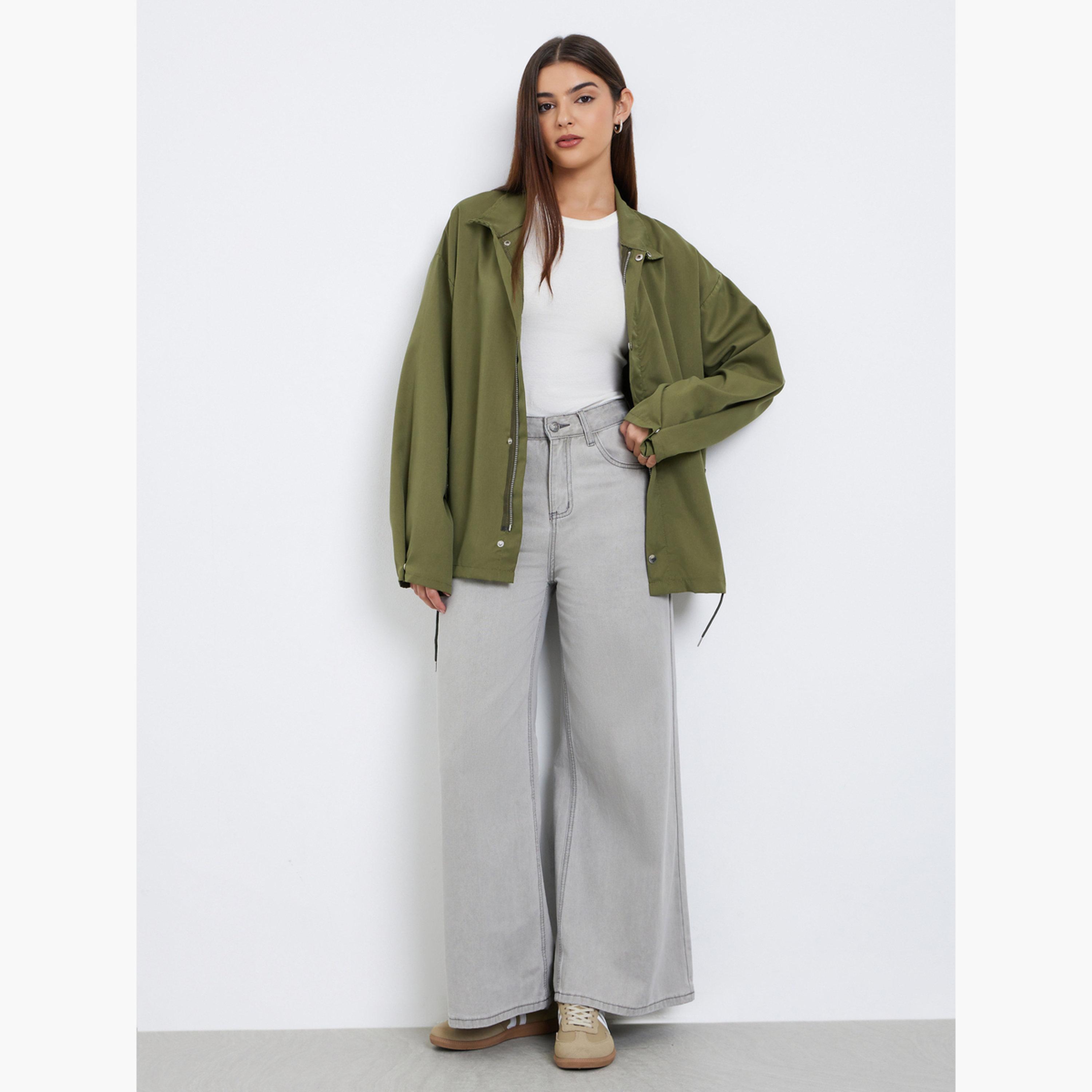 Styli Solid High Neck Long Sleeves Women's Snap Button Utility Jacket-women-winterwear-coatsandjackets-jackets-image-2