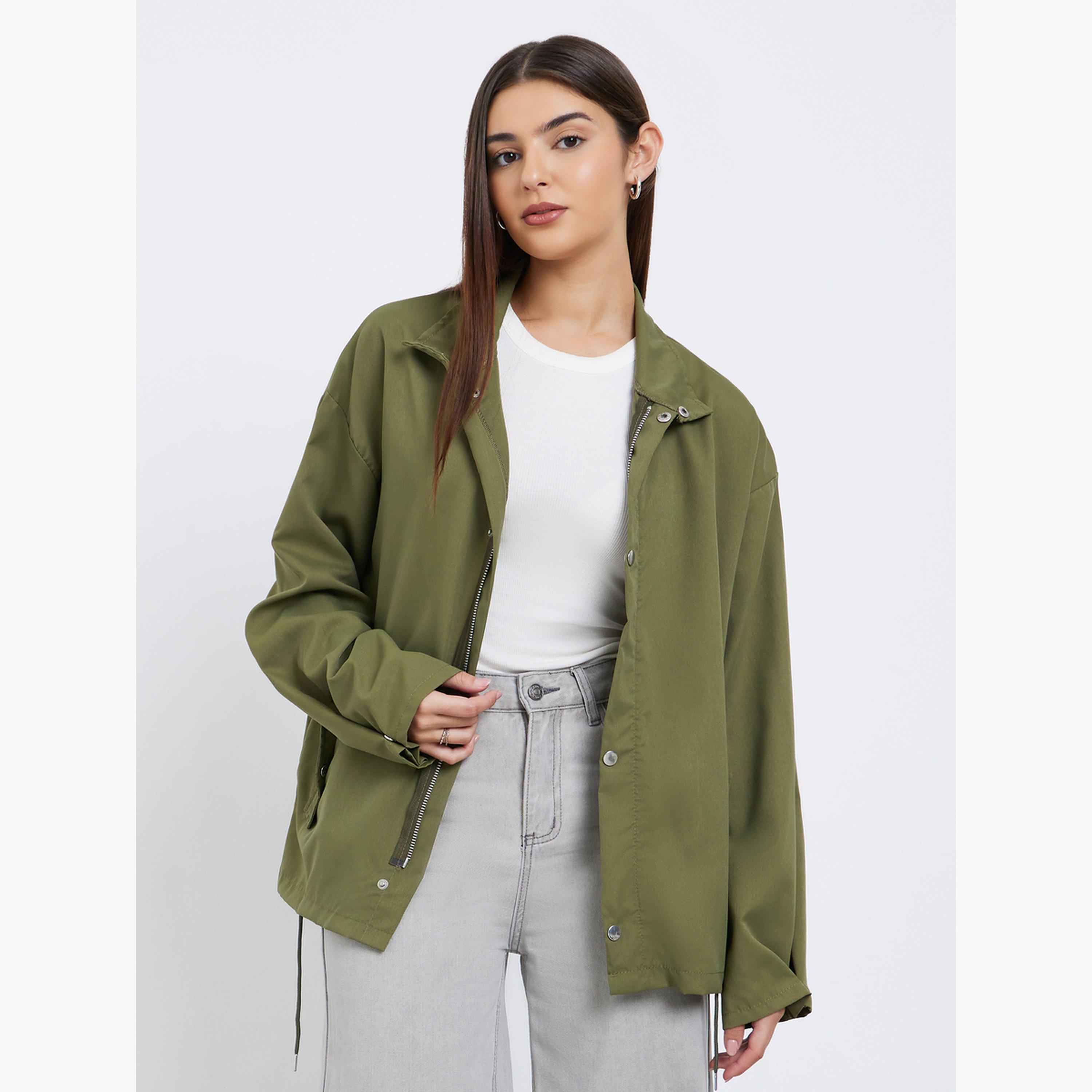 ستايلي - سترة طويلة عملية بقصّة عادية لون زيتوني للنساء -women-winterwear-coatsandjackets-jackets-image-3