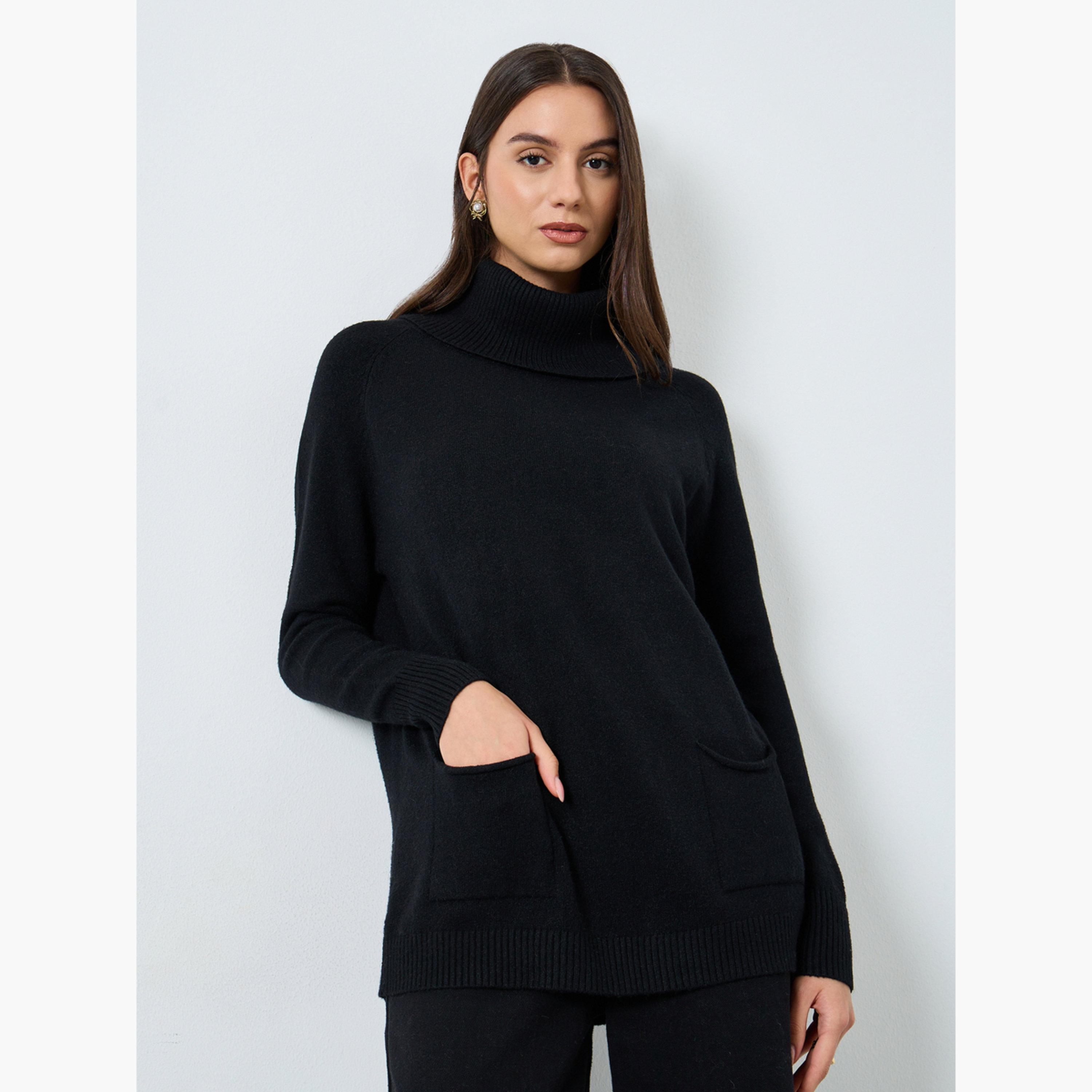 Styli Black Solid Roll Neck Long Sleeves Longline Women's Sweater-women-winterwear-cardigansandjumpers-jumpers-image-1