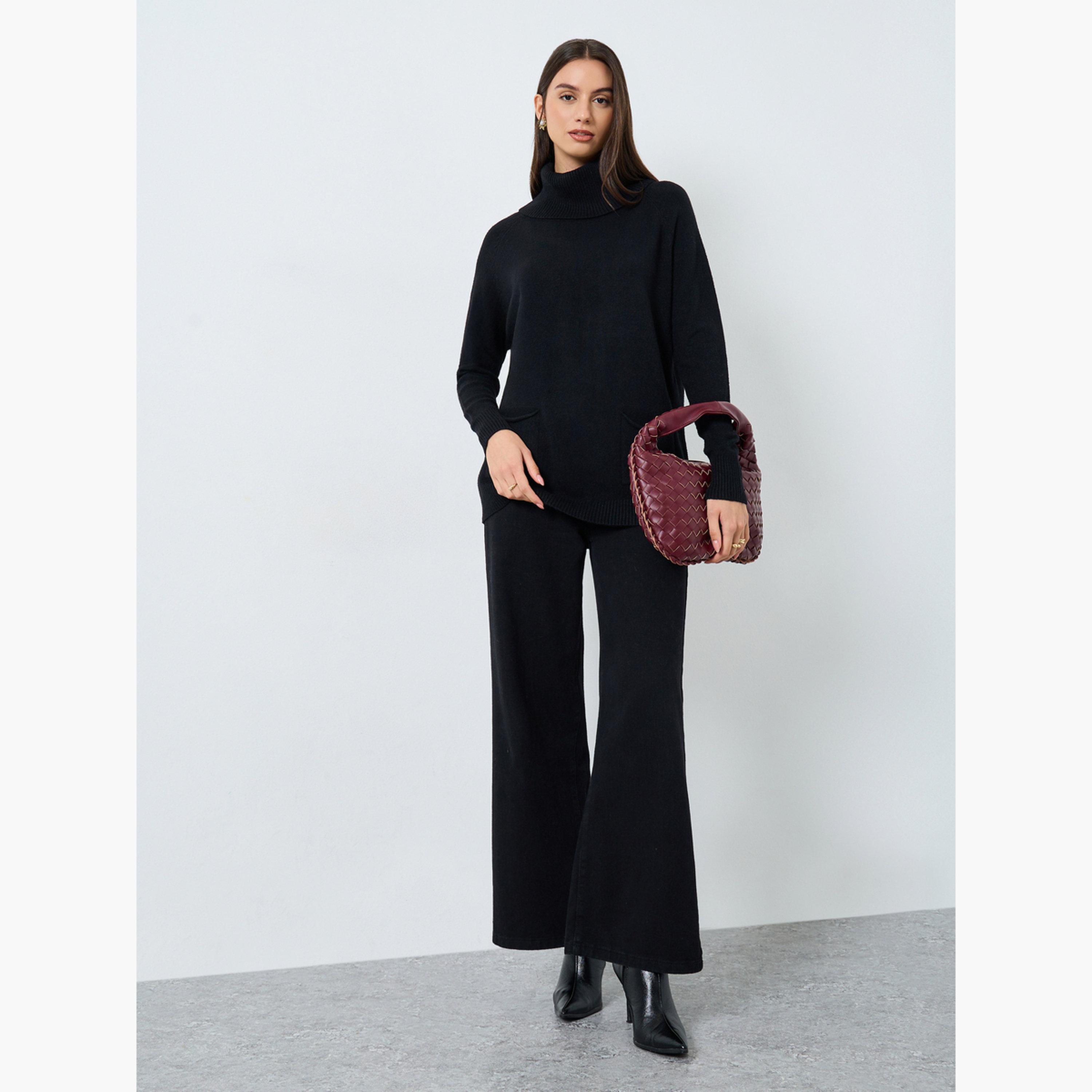 Styli Black Solid Roll Neck Long Sleeves Longline Women's Sweater-women-winterwear-cardigansandjumpers-jumpers-image-2