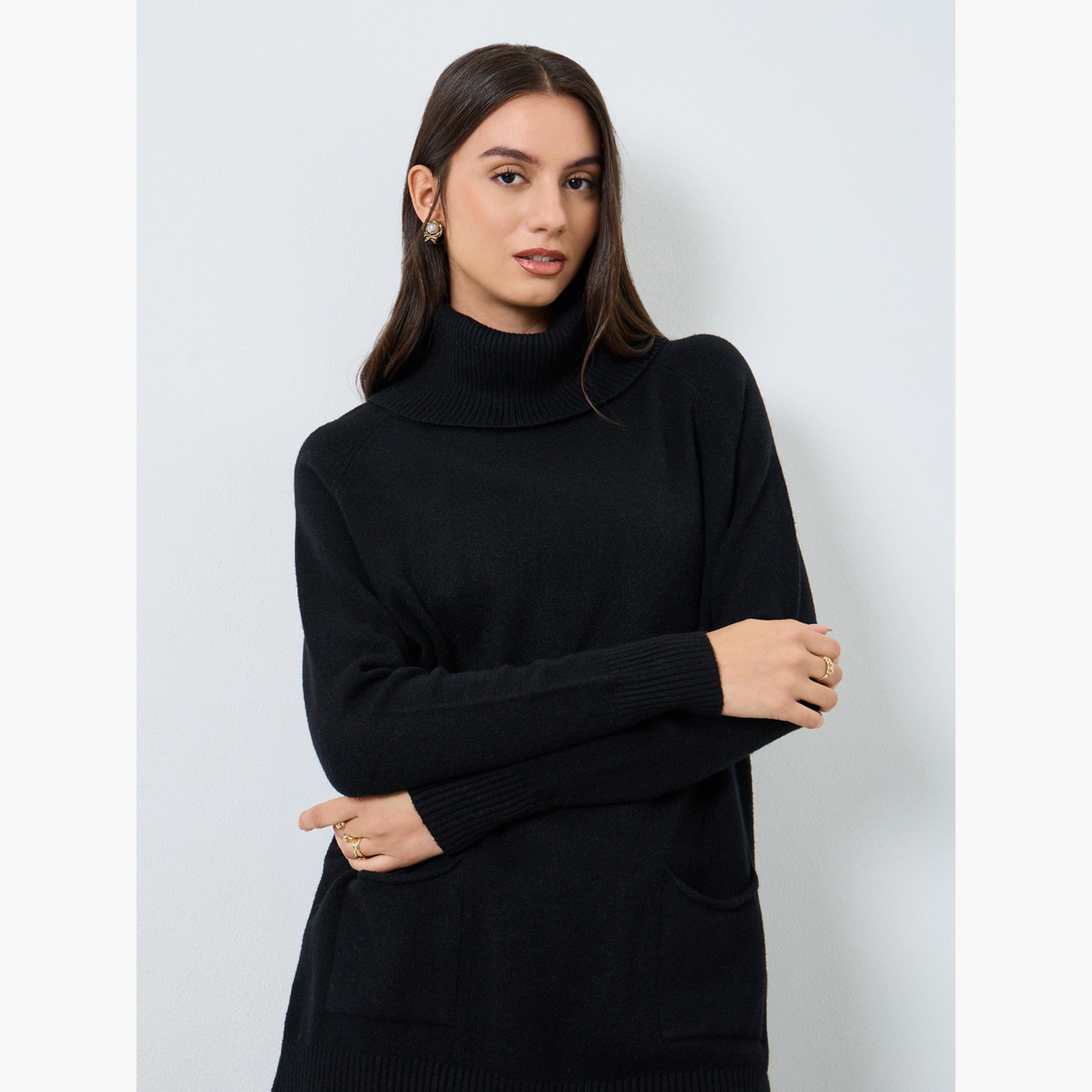Styli Black Solid Roll Neck Long Sleeves Longline Women's Sweater-women-winterwear-cardigansandjumpers-jumpers-image-3