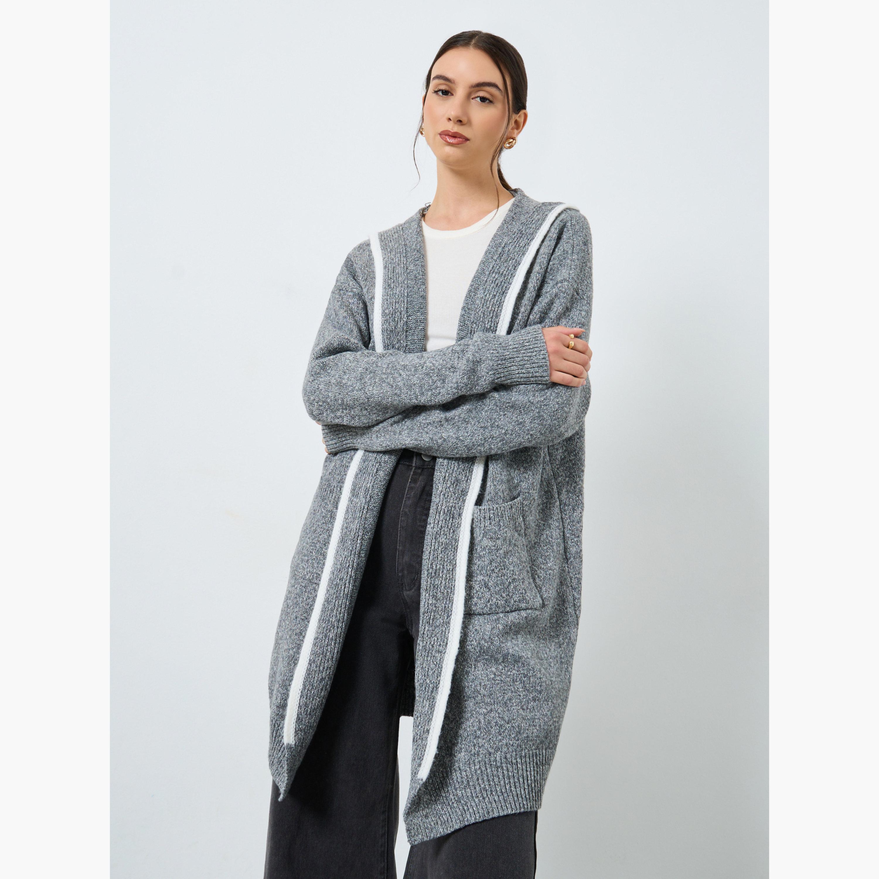 Styli Grey Textured Hooded Neck Long Sleeves Women's Open Front Midi Cardigan-women-winterwear-cardigansandjumpers-cardigans-image-1
