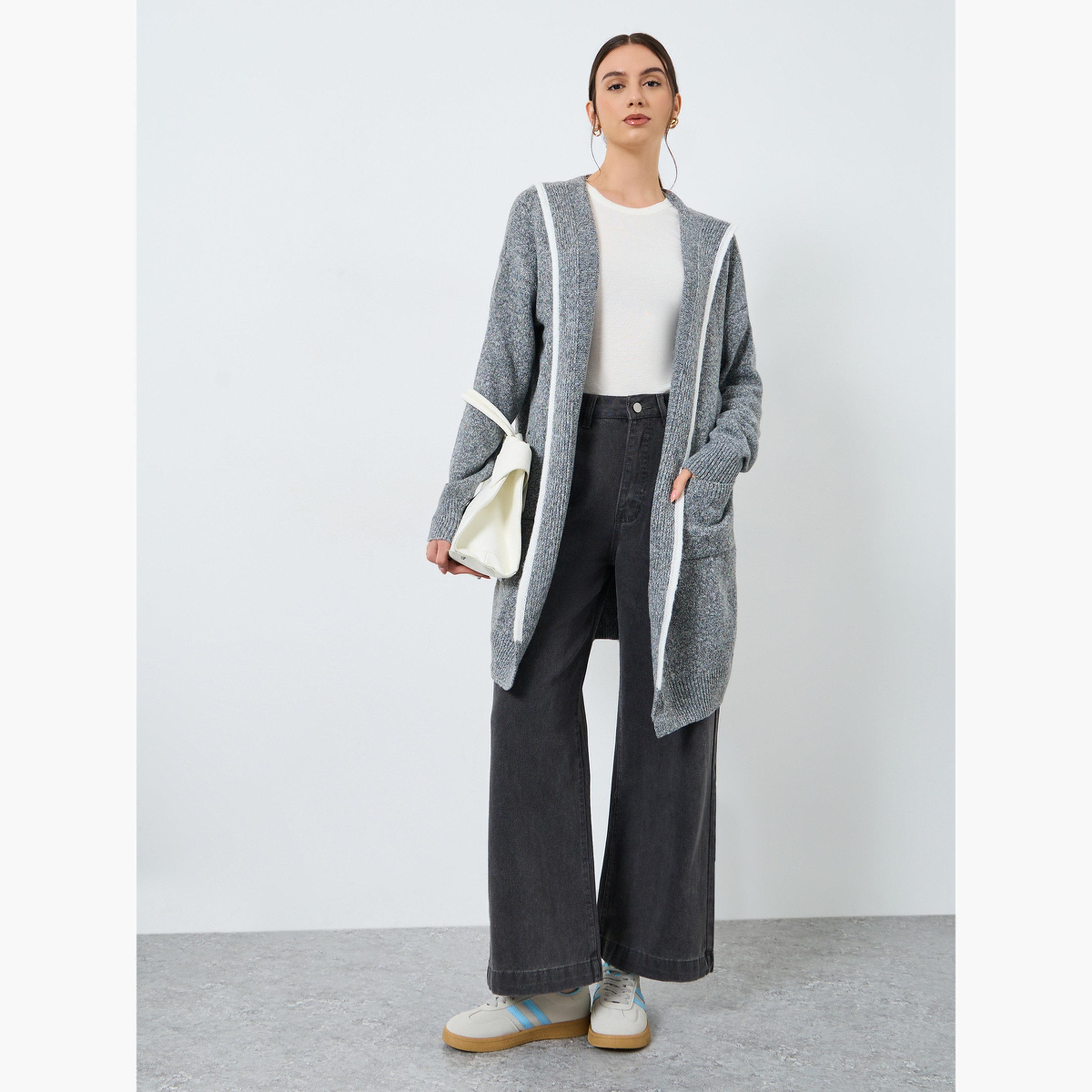 Styli Grey Textured Hooded Neck Long Sleeves Women's Open Front Midi Cardigan-women-winterwear-cardigansandjumpers-cardigans-image-2