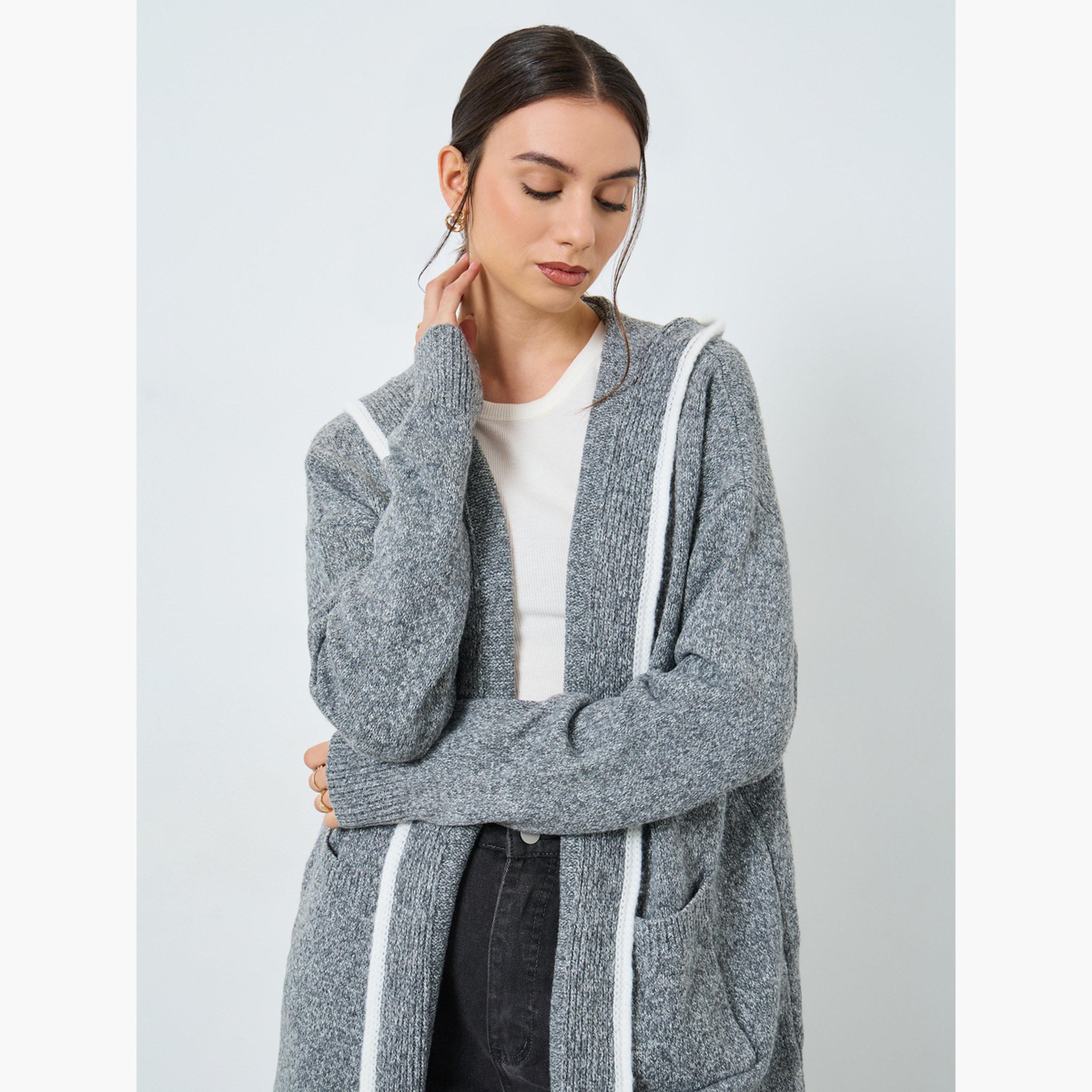Styli Grey Textured Hooded Neck Long Sleeves Women's Open Front Midi Cardigan-women-winterwear-cardigansandjumpers-cardigans-image-3