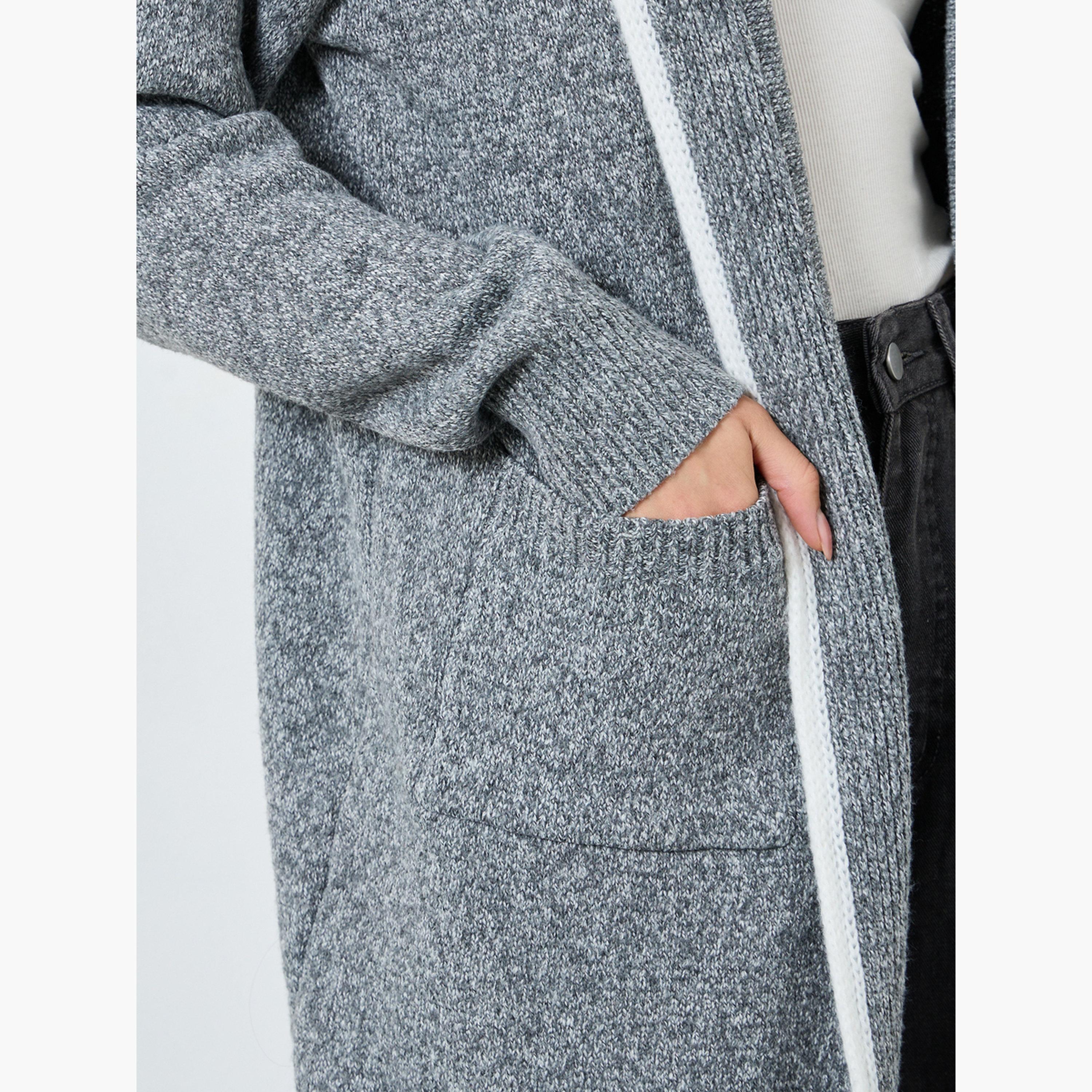 Styli Grey Textured Hooded Neck Long Sleeves Women's Open Front Midi Cardigan-women-winterwear-cardigansandjumpers-cardigans-image-4