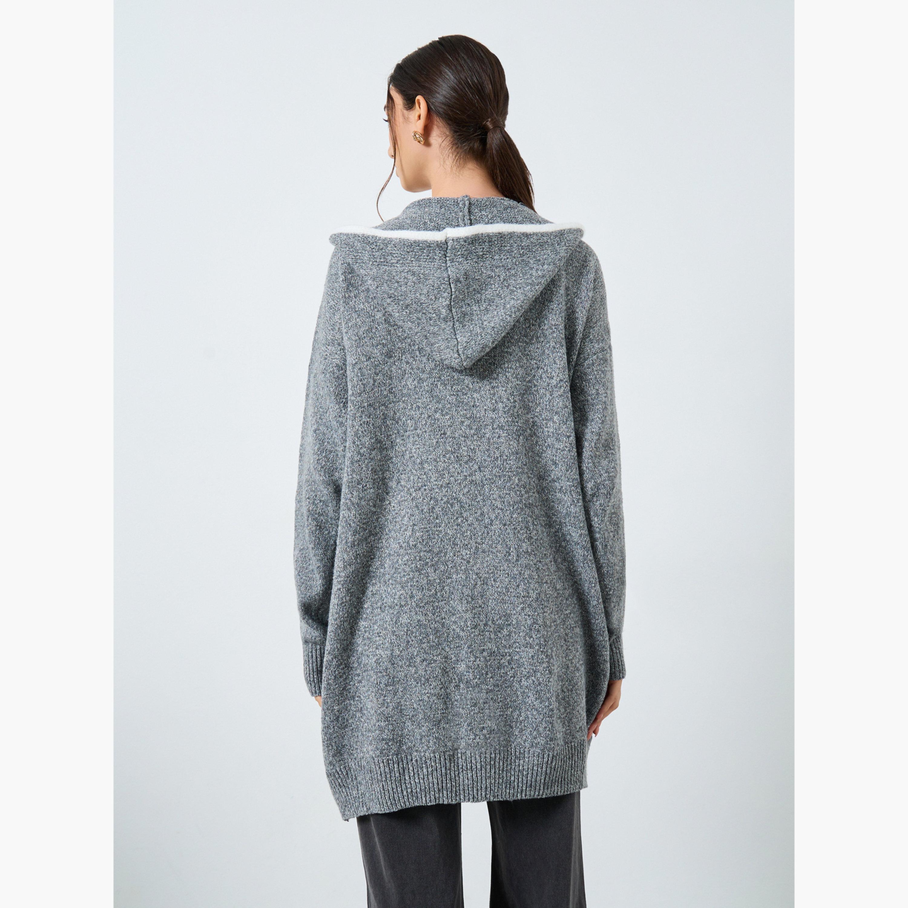 Styli Grey Textured Hooded Neck Long Sleeves Women's Open Front Midi Cardigan-women-winterwear-cardigansandjumpers-cardigans-image-5