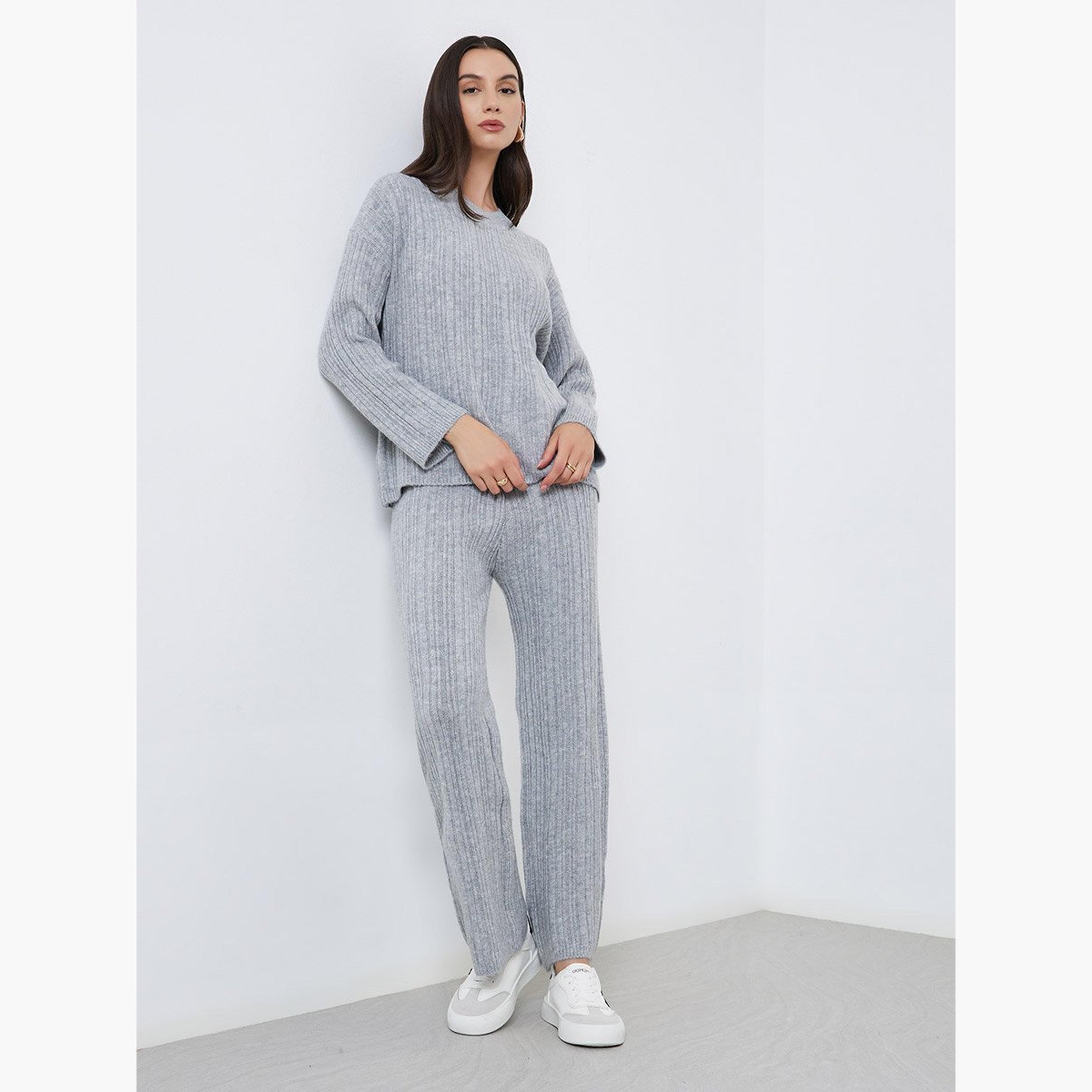 Styli Grey Ribbed Knit Sweater and Pants Co-Ords-women-clothing-coordsets-image-1