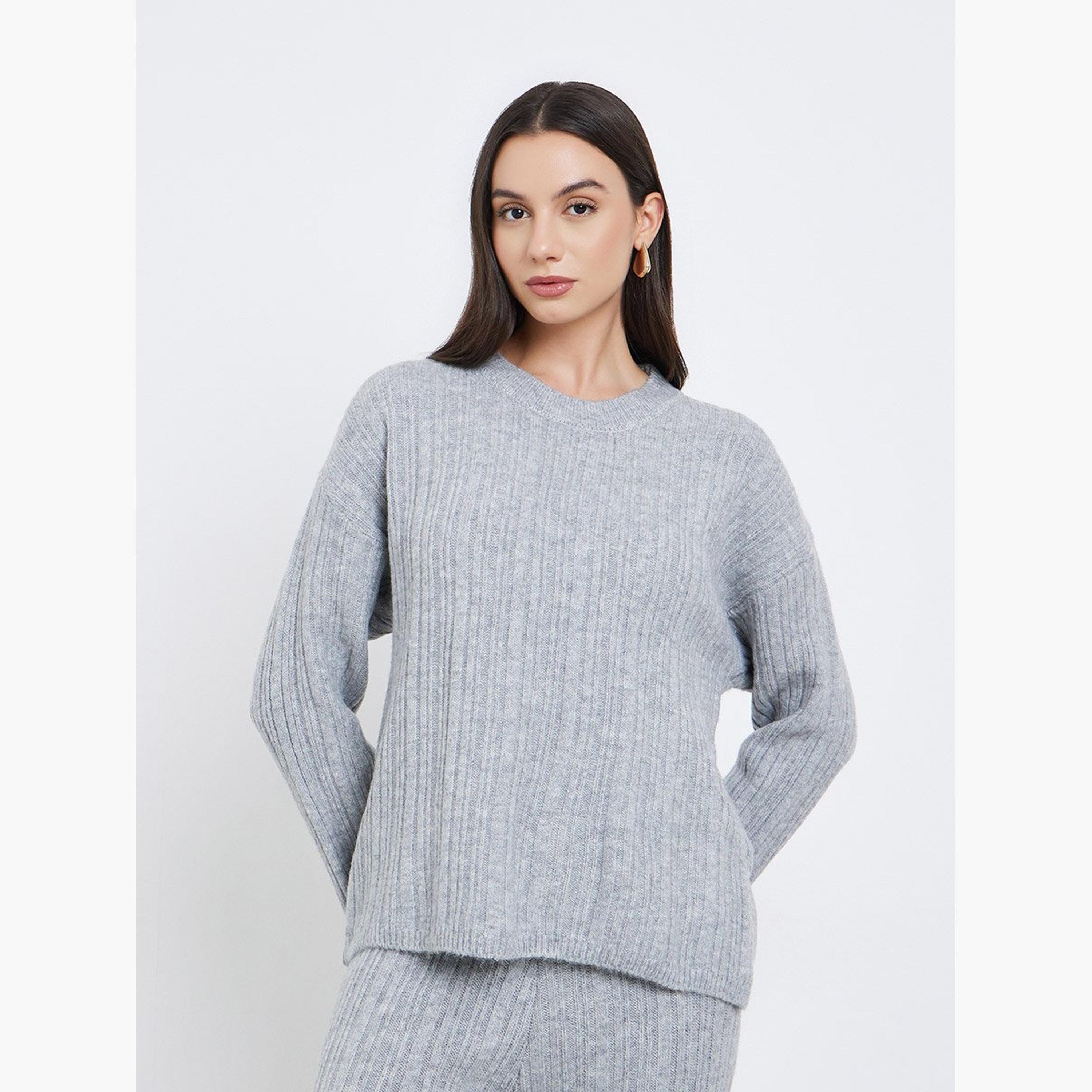 Styli Grey Ribbed Knit Sweater and Pants Co-Ords-women-clothing-coordsets-image-2