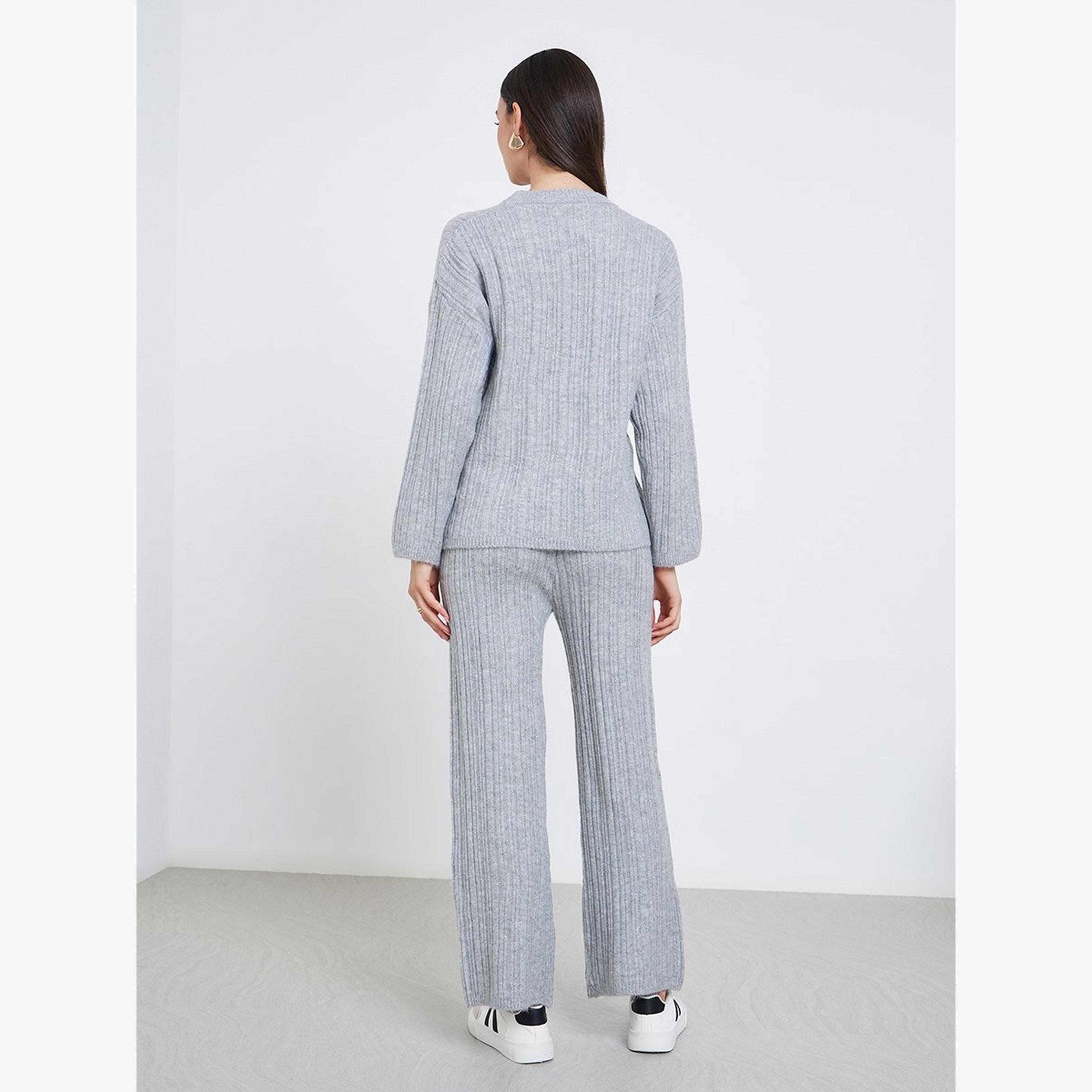Styli Grey Ribbed Knit Sweater and Pants Co-Ords-women-clothing-coordsets-image-5