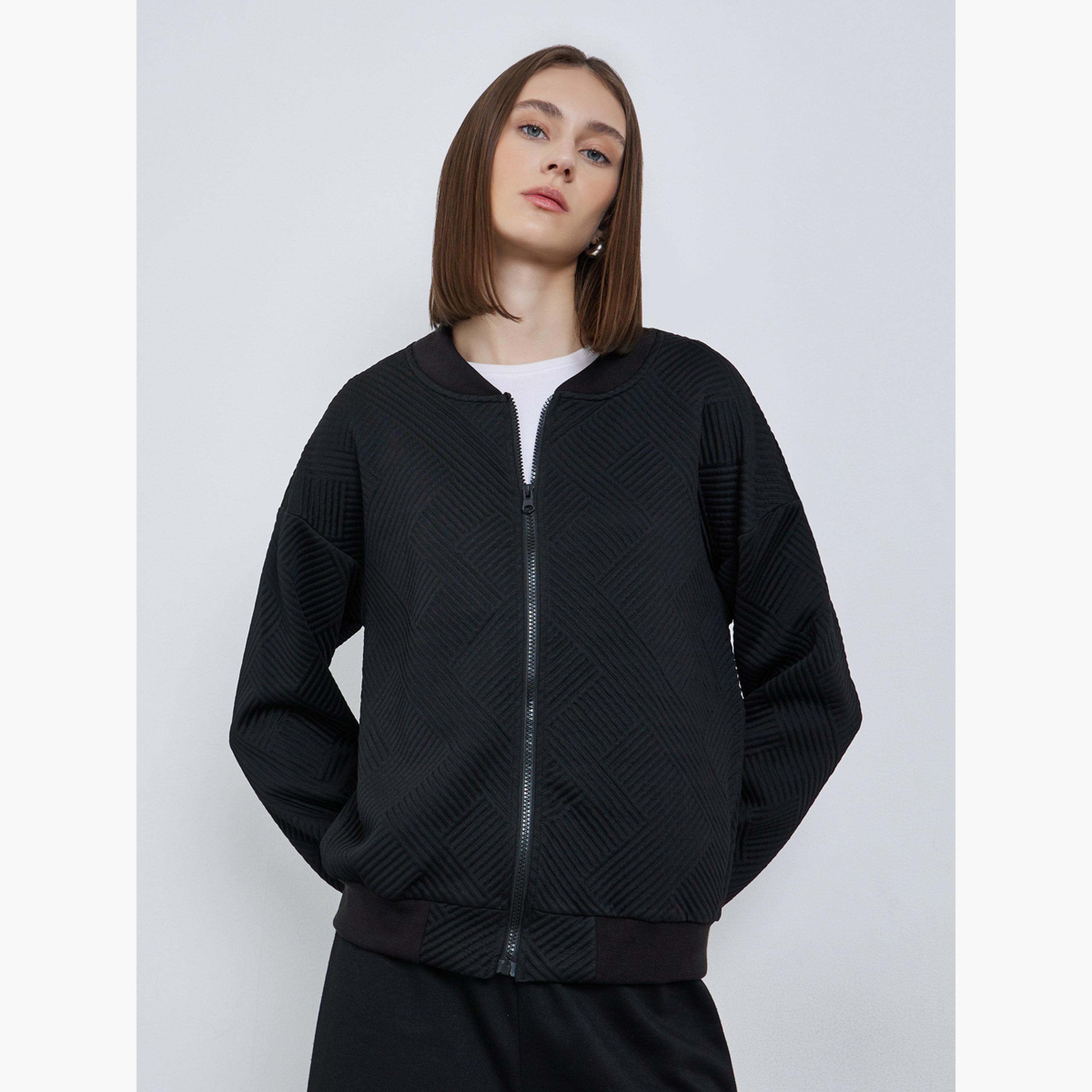 Styli Textured Round Neck Long Sleeves Women's Zip Through Sweatshirt-women-winterwear-coatsandjackets-jackets-image-1