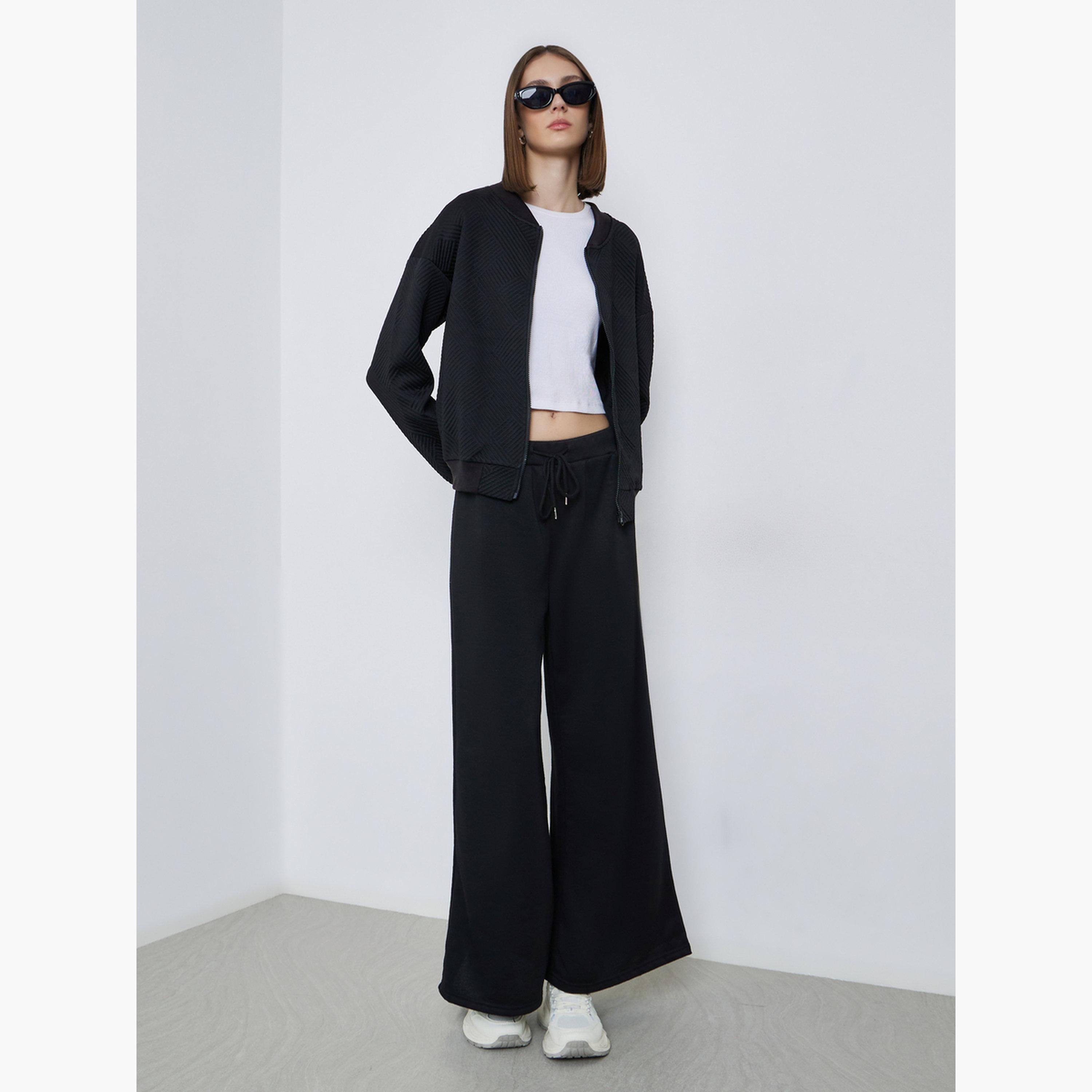 Styli Textured Round Neck Long Sleeves Women's Zip Through Sweatshirt-women-winterwear-coatsandjackets-jackets-image-2