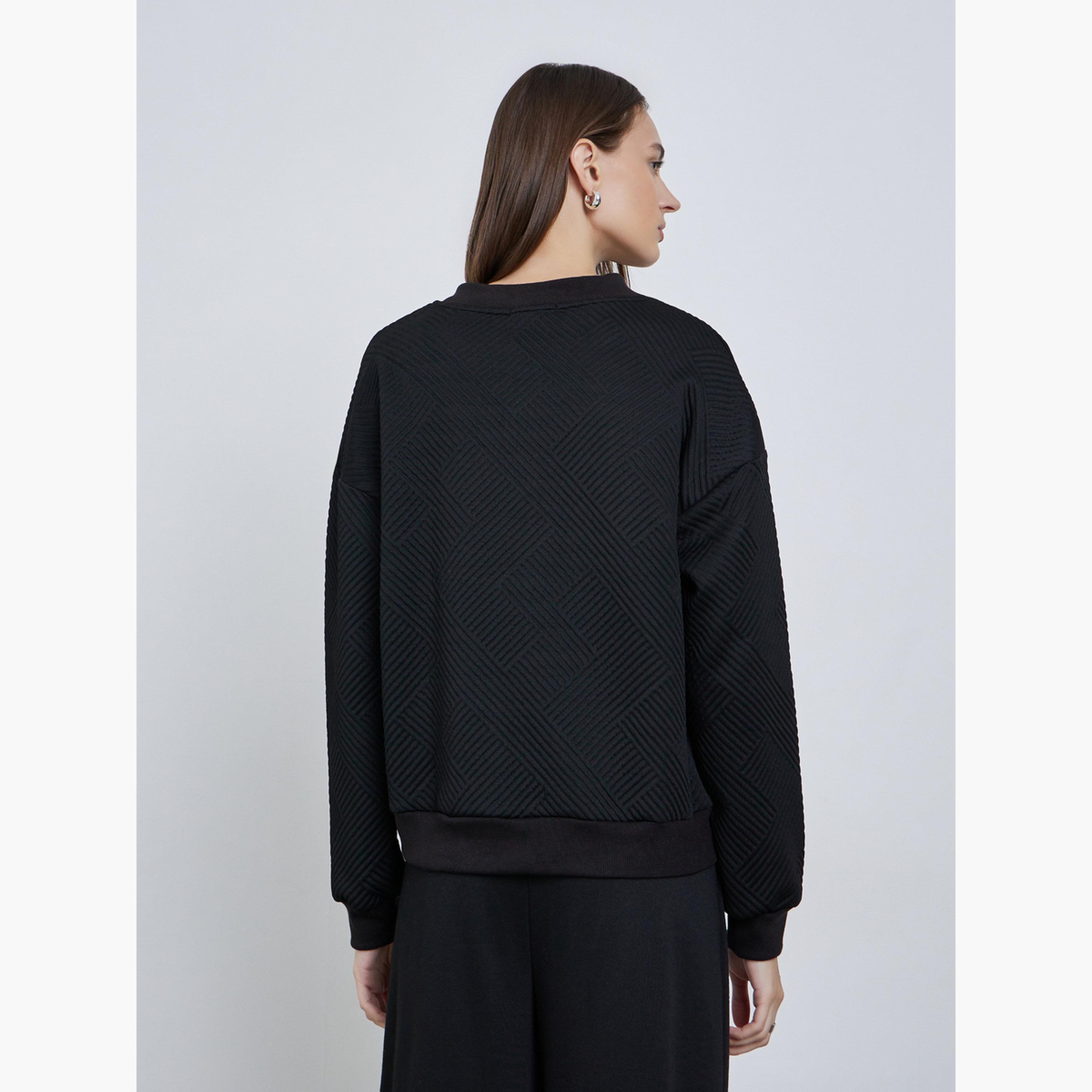 Styli Textured Round Neck Long Sleeves Women's Zip Through Sweatshirt-women-winterwear-coatsandjackets-jackets-image-3