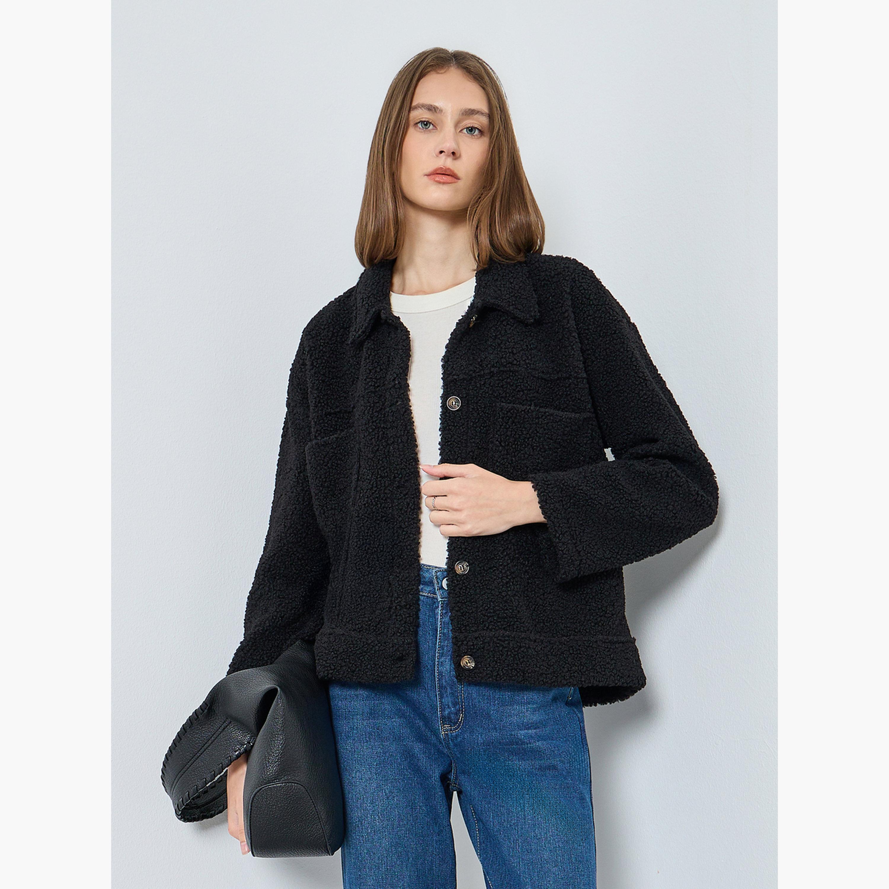 Styli Textured Collared Long Sleeves Women's Button Through Jacket-women-winterwear-coatsandjackets-jackets-image-1