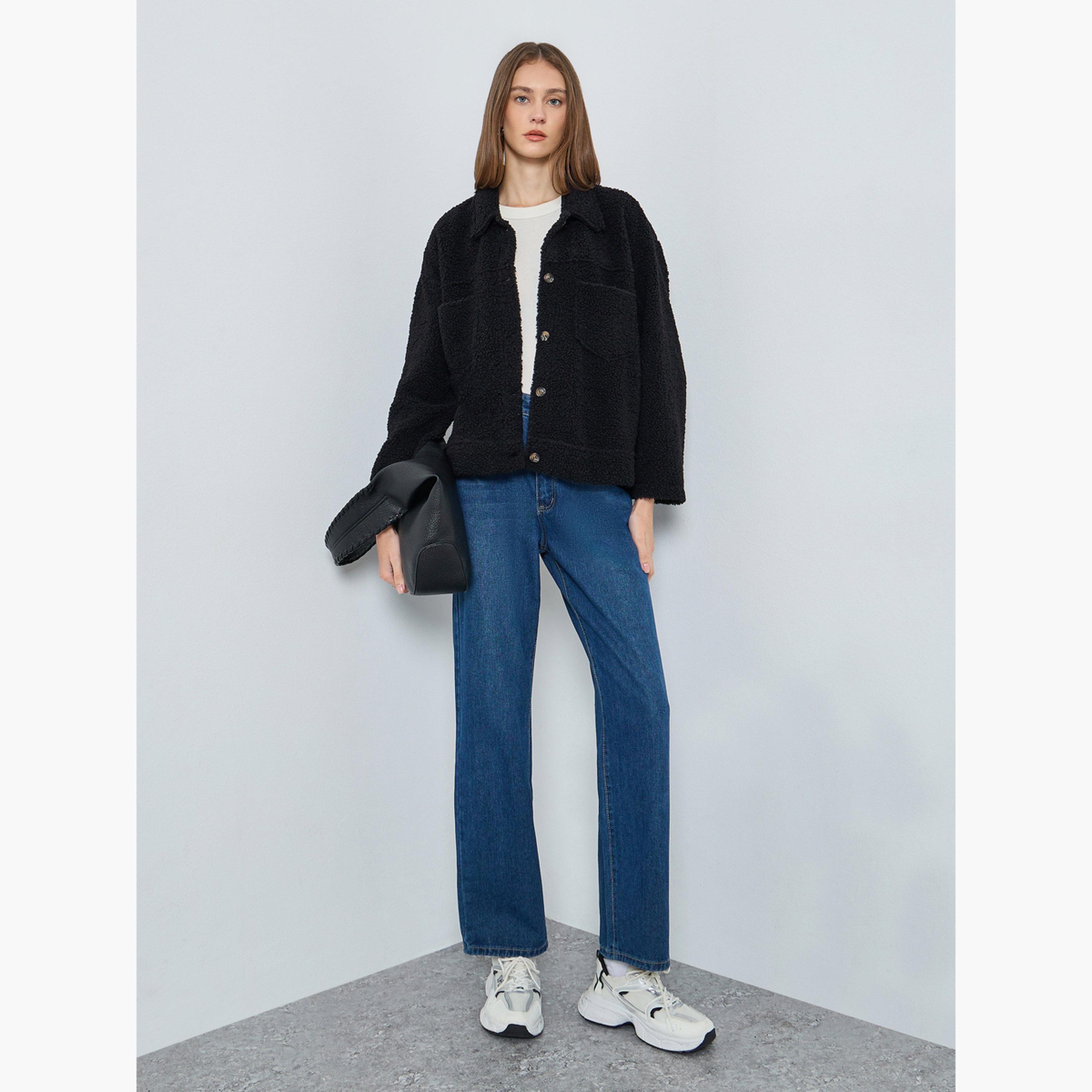 Styli Textured Collared Long Sleeves Women's Button Through Jacket-women-winterwear-coatsandjackets-jackets-image-2