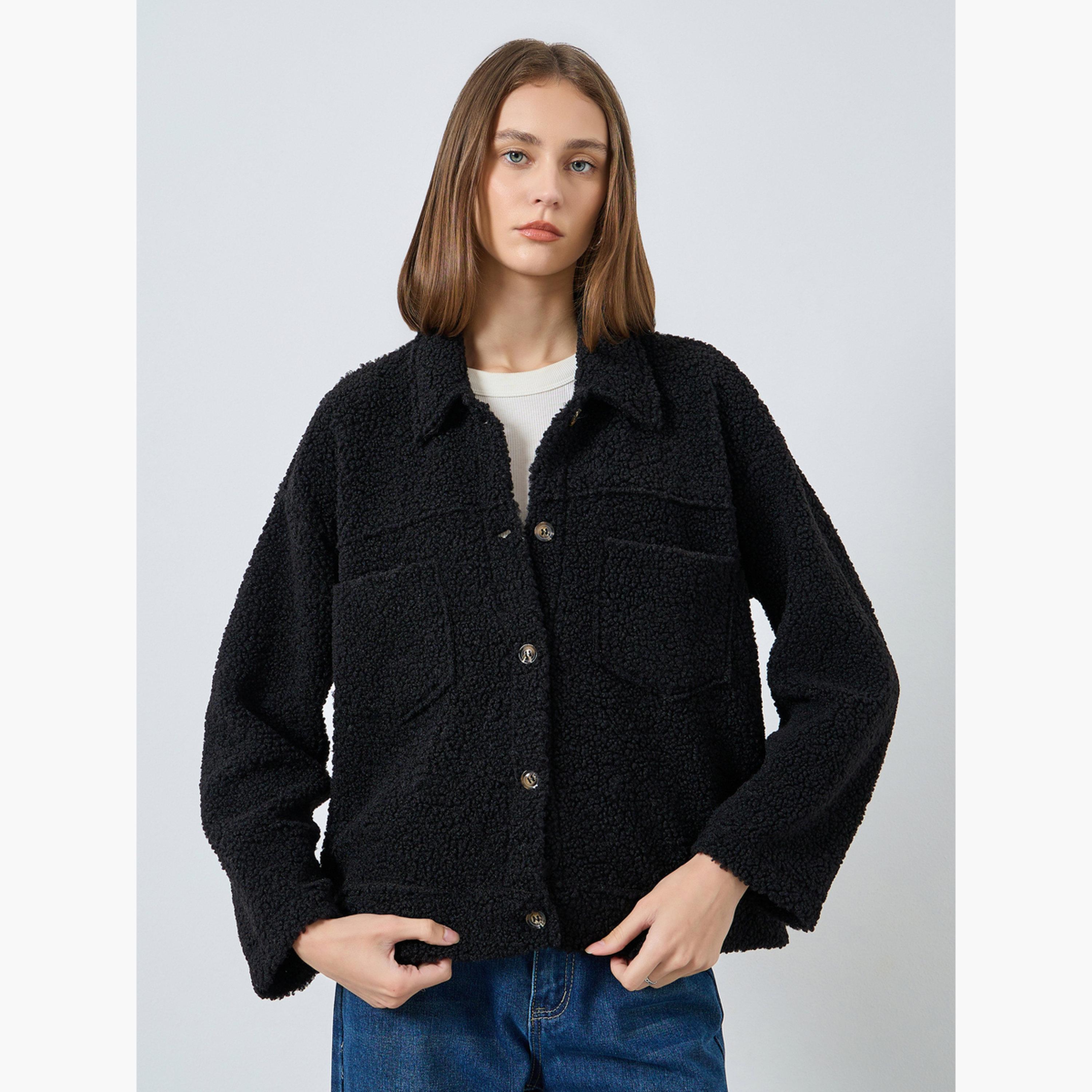 Styli Textured Collared Long Sleeves Women's Button Through Jacket-women-winterwear-coatsandjackets-jackets-image-3