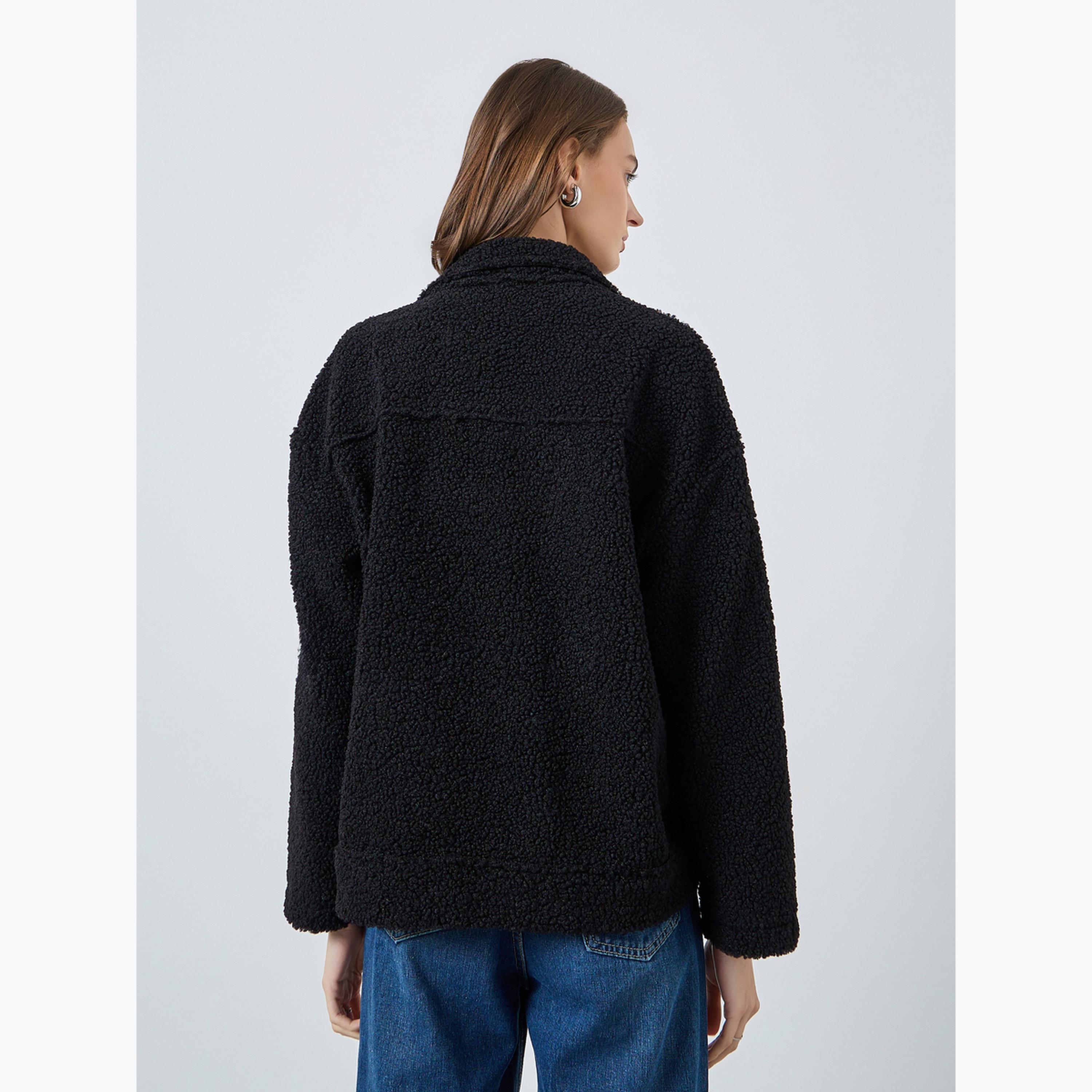 Styli Textured Collared Long Sleeves Women's Button Through Jacket-women-winterwear-coatsandjackets-jackets-image-4