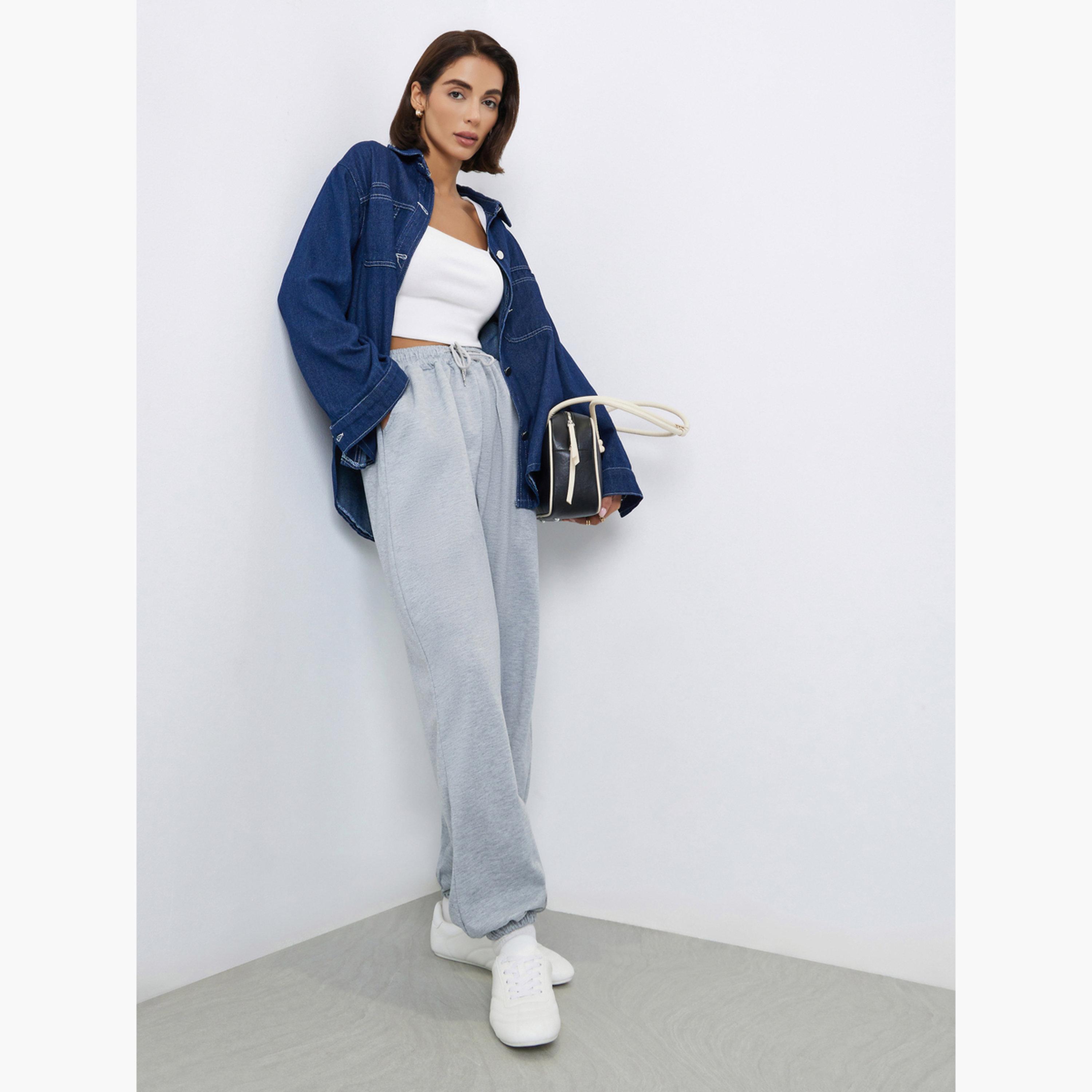 Styli Women Grey Solid Wide Leg Cuffed Joggers-women-clothing-bottoms-joggers-image-2