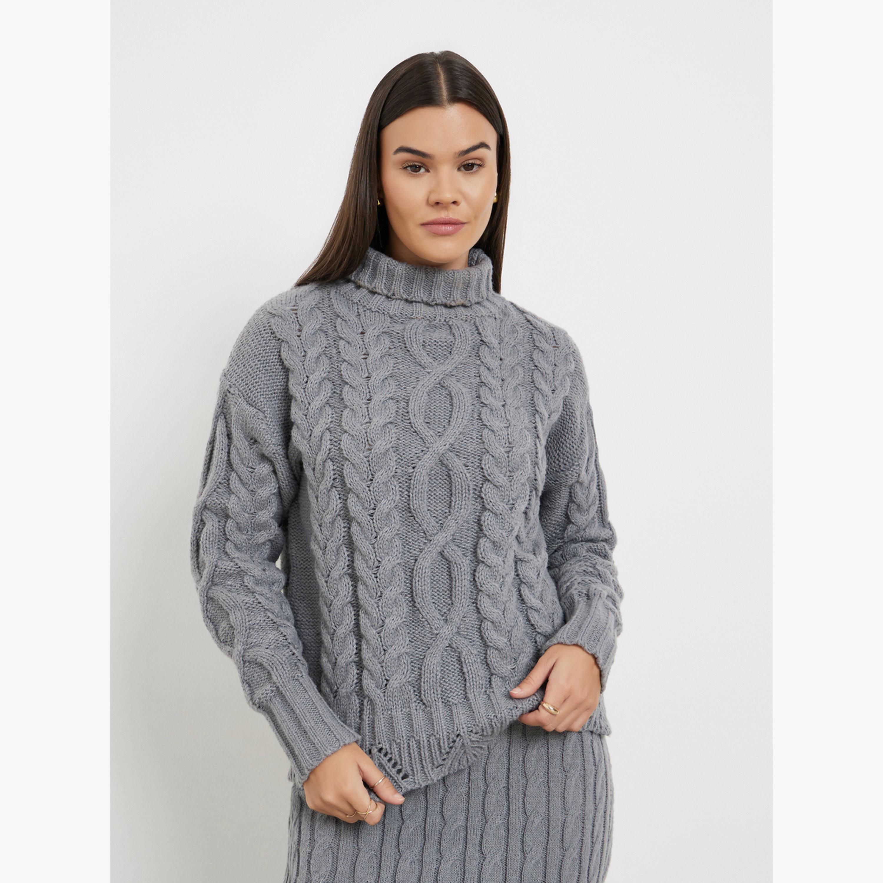 Styli Grey Cable Knit Regular Fit Turtle Neck Long Sleeves Women's Sweater-women-clothing-cardigansandjumpers-jumpers-image-1