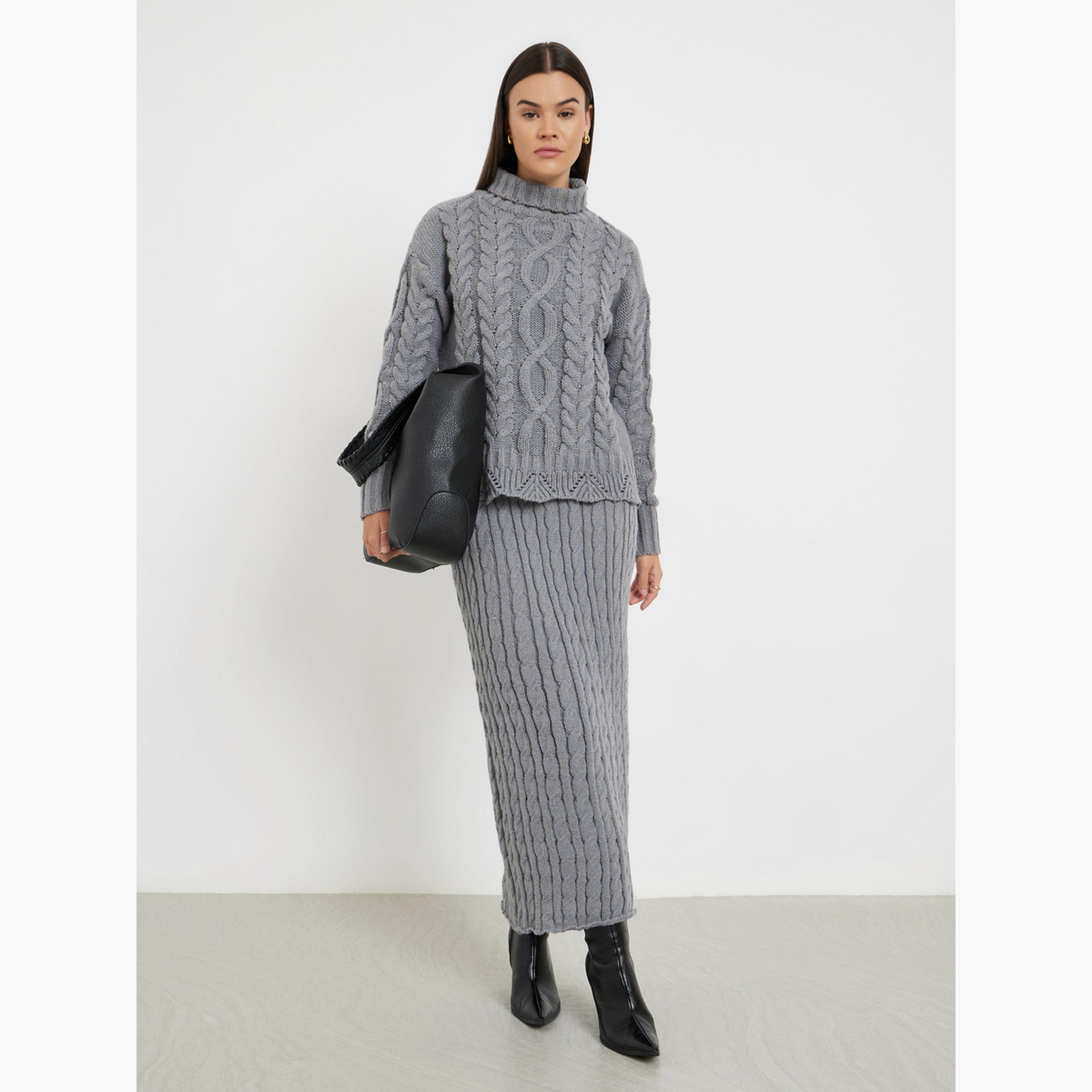 Styli Grey Cable Knit Regular Fit Turtle Neck Long Sleeves Women's Sweater-women-clothing-cardigansandjumpers-jumpers-image-2