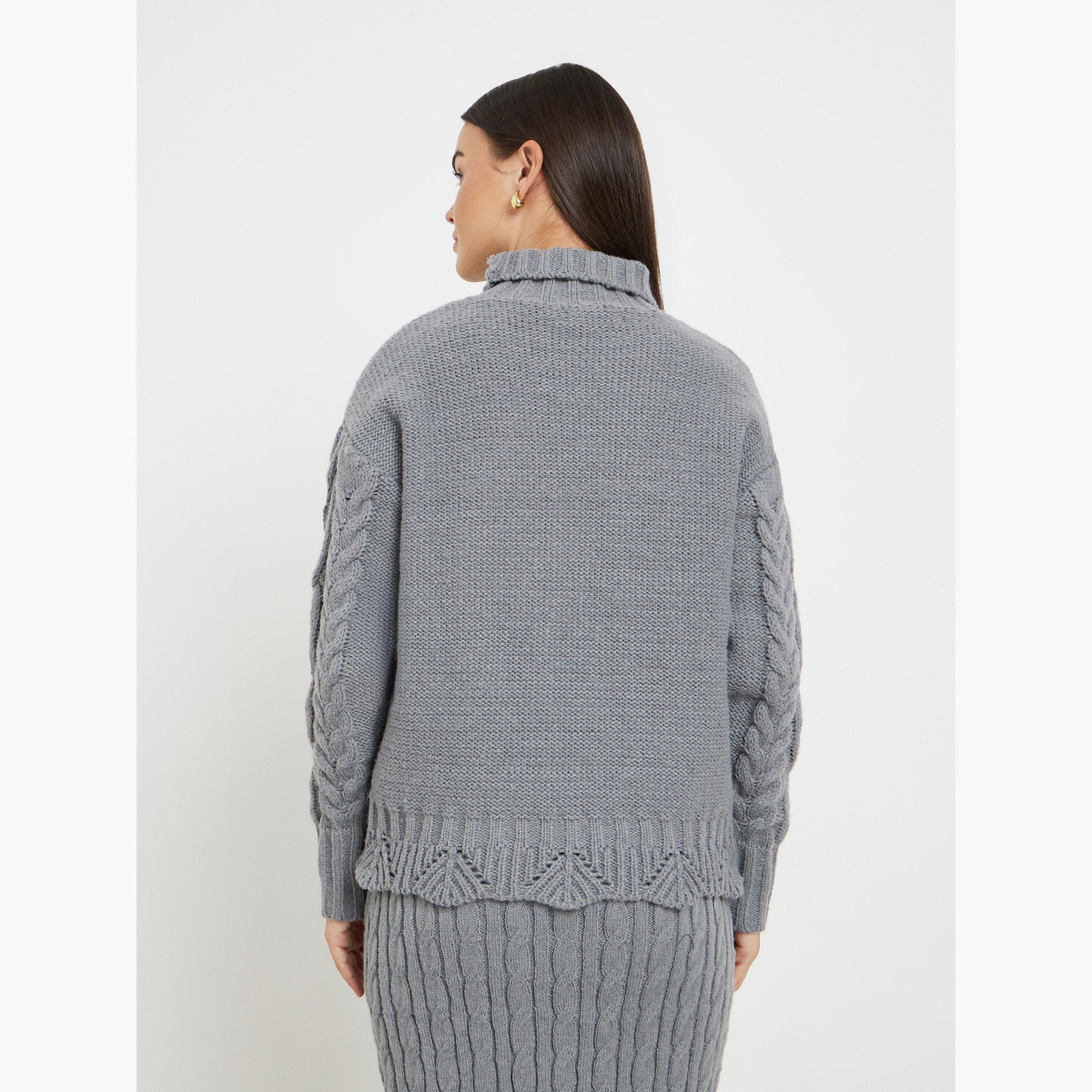 Styli Grey Cable Knit Regular Fit Turtle Neck Long Sleeves Women's Sweater-women-clothing-cardigansandjumpers-jumpers-image-4