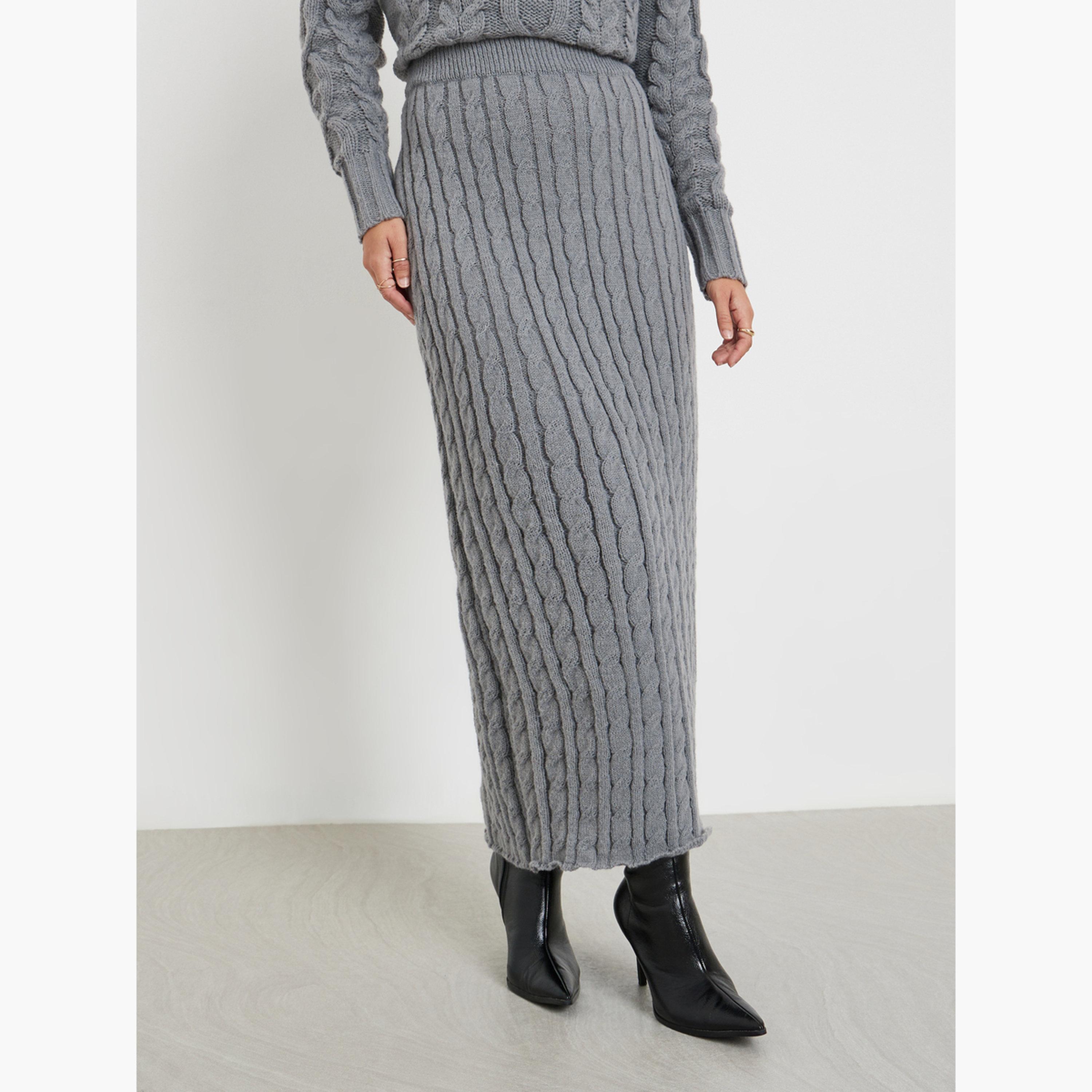 Styli Women Grey Cable Knit Midi Skirt-women-clothing-bottoms-skirts-image-1