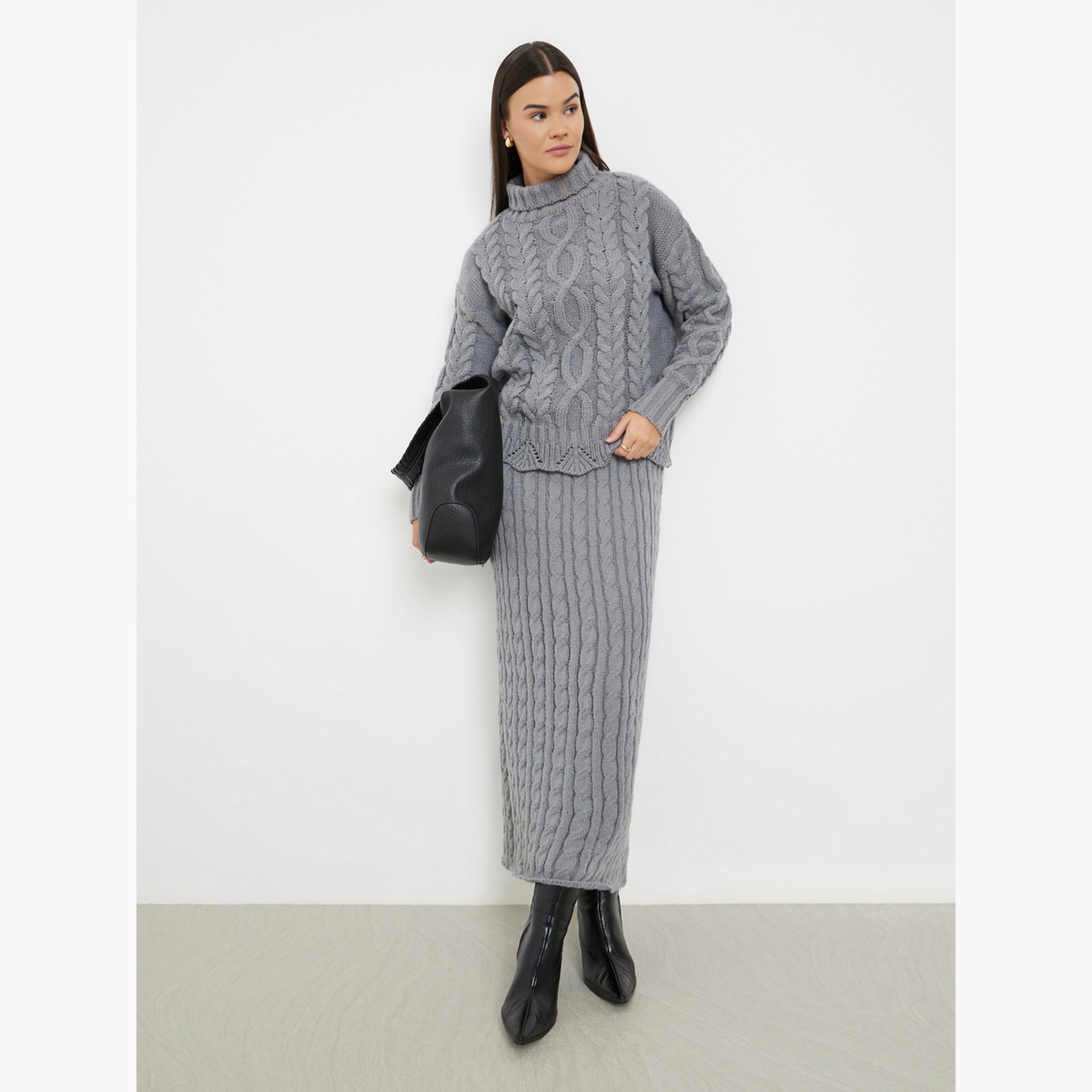 Styli Women Grey Cable Knit Midi Skirt-women-clothing-bottoms-skirts-image-2