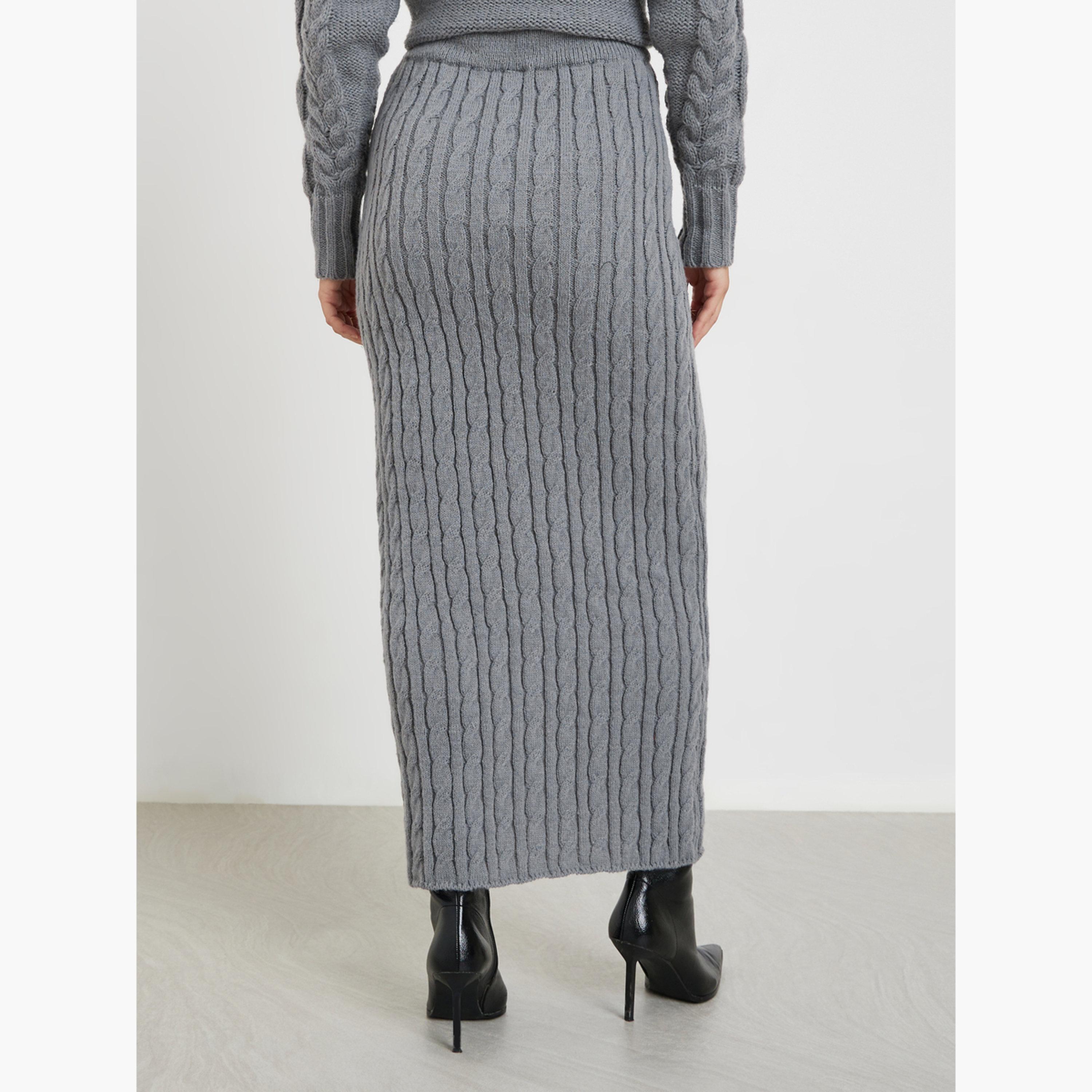 Styli Women Grey Cable Knit Midi Skirt-women-clothing-bottoms-skirts-image-4