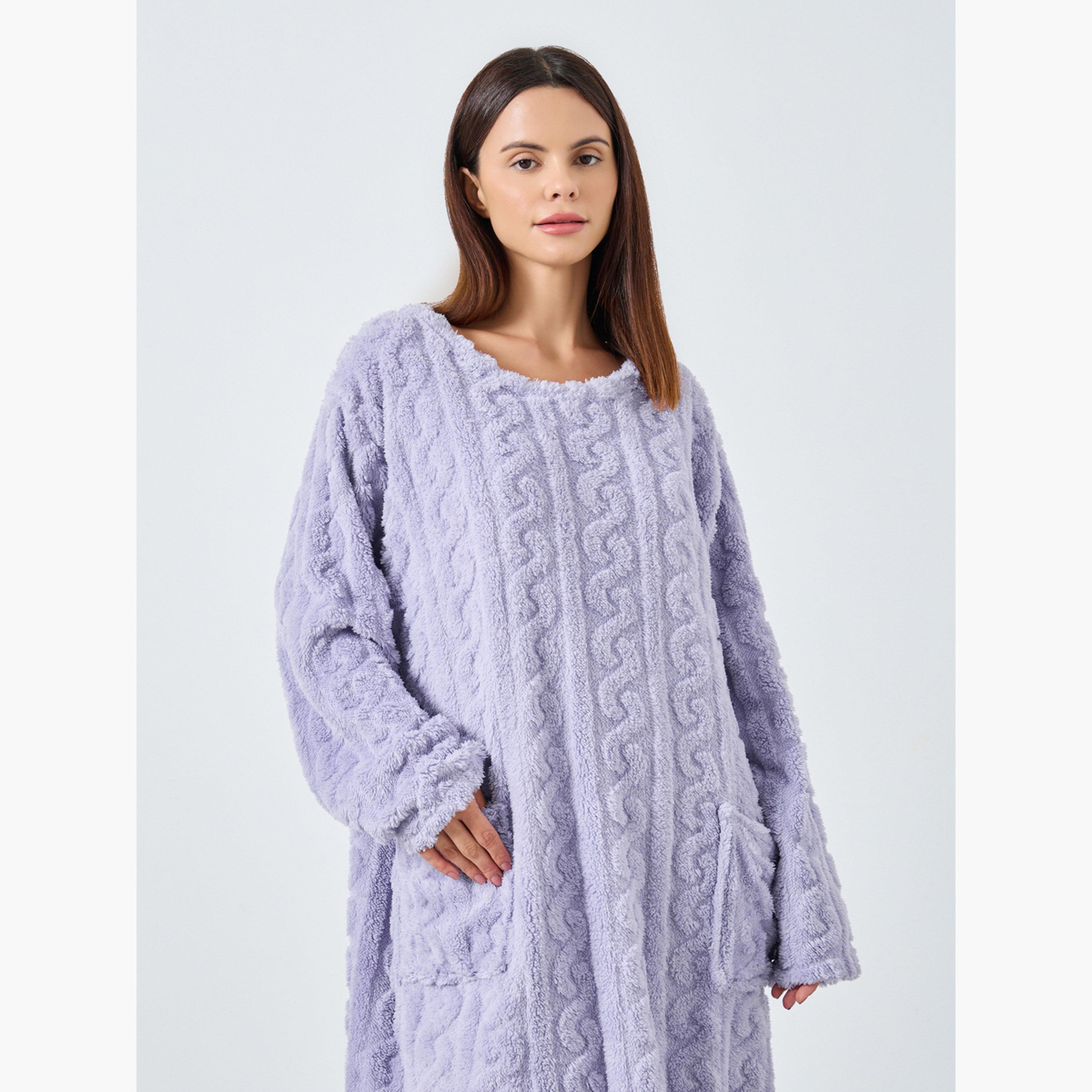 Styli Cable Knit Fleece Nightdress with Pocket Detail-women-clothing-nightwear-nighties-image-2