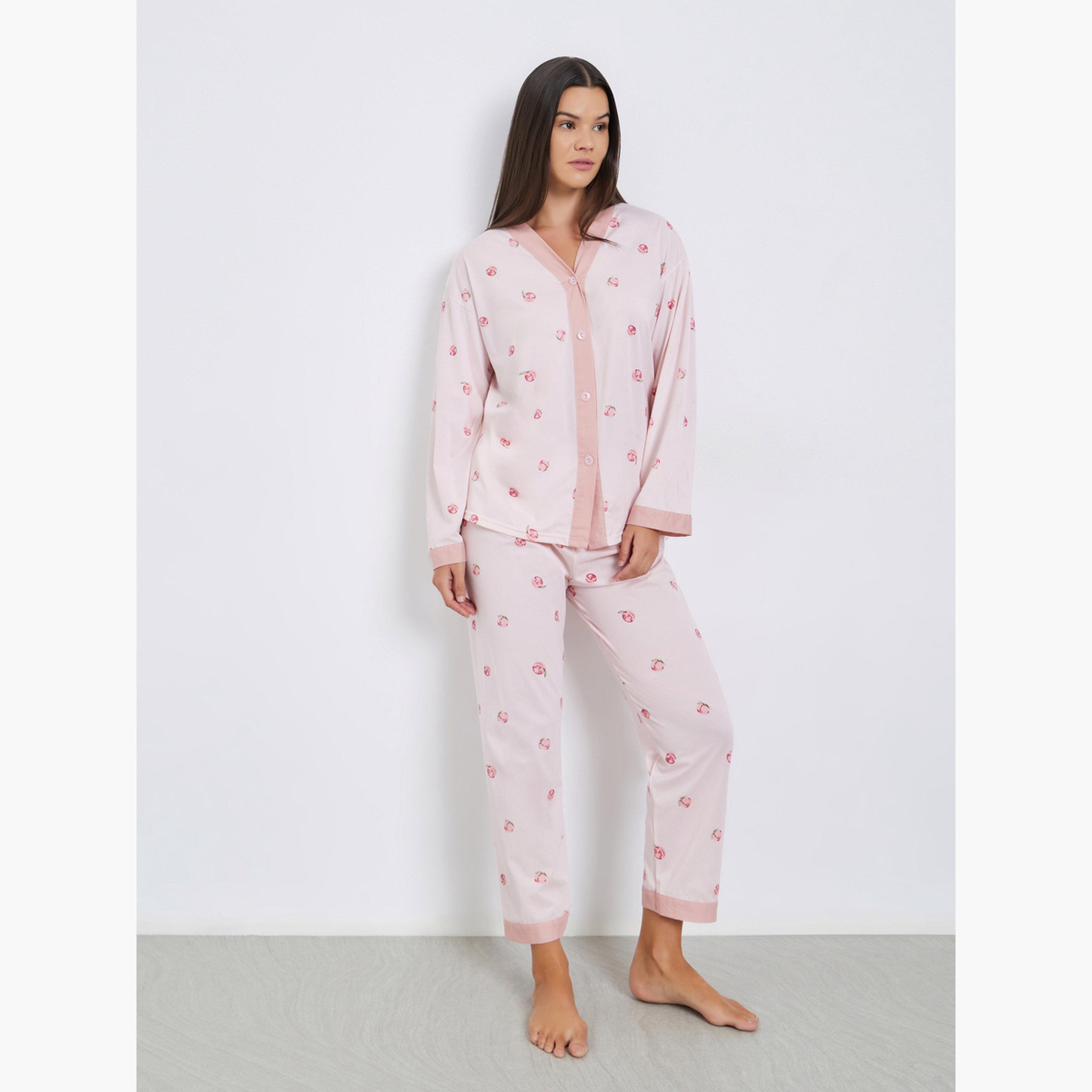 Styli Women Peach Print Shirt and Pyjama Set-women-clothing-nightwear-pyjamas-longsets-image-1