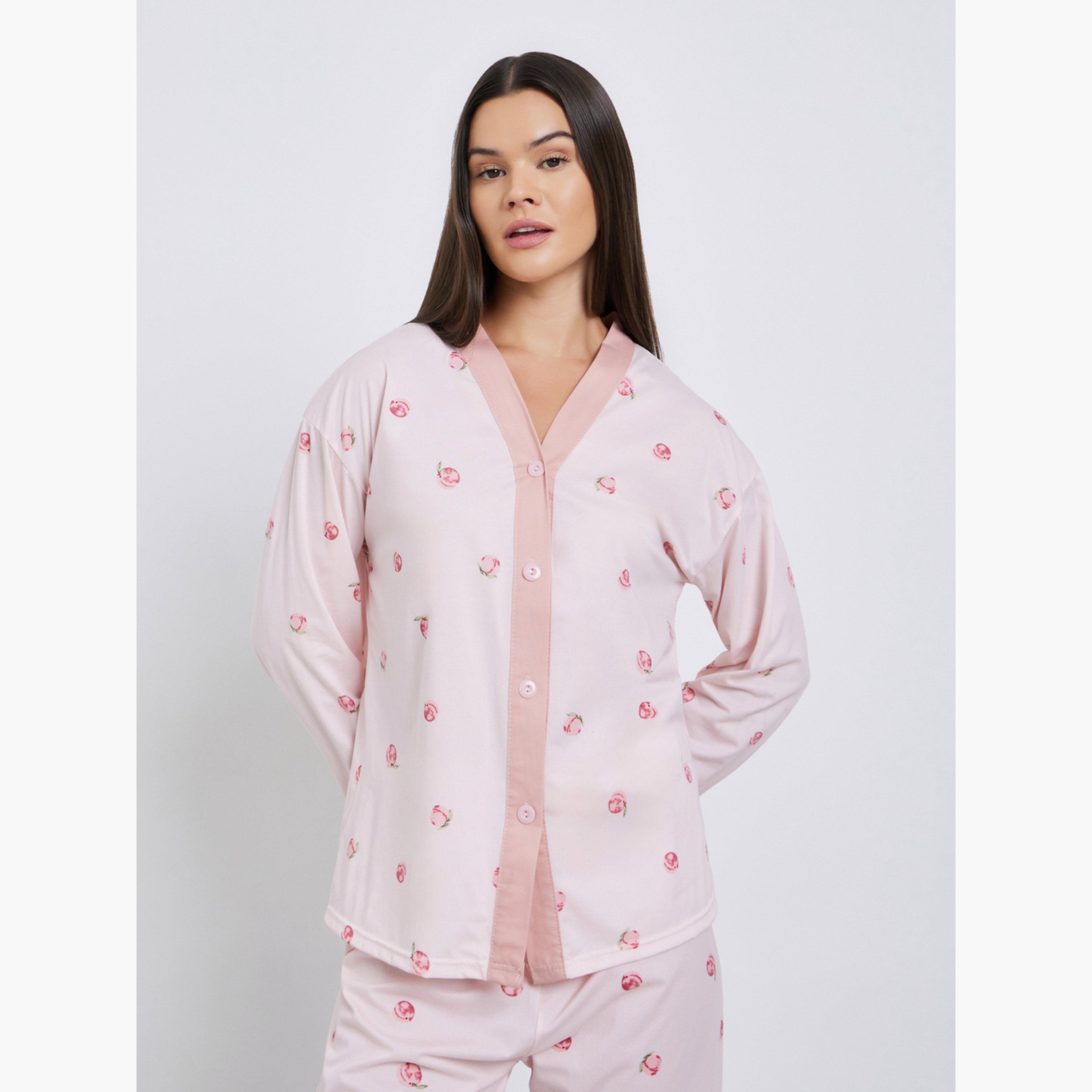 Styli Women Peach Print Shirt and Pyjama Set-women-clothing-nightwear-pyjamas-longsets-image-2