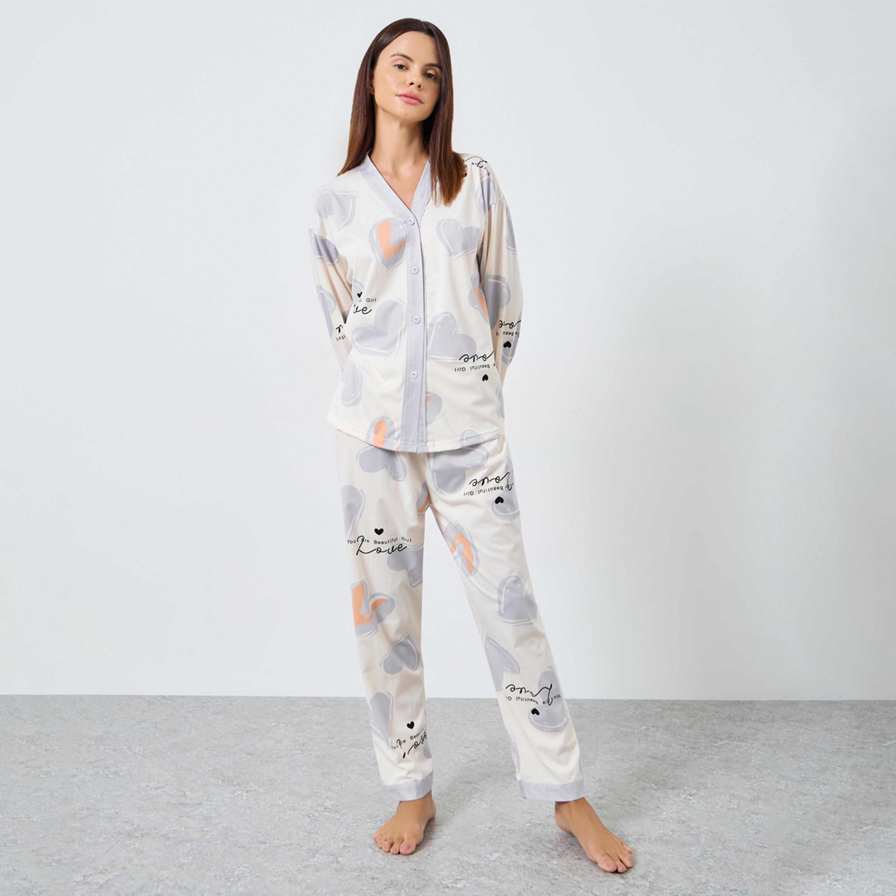 Styli Heart Print Button Placket Shirt and Pyjama Set-women-clothing-nightwear-pyjamas-longsets-image-1
