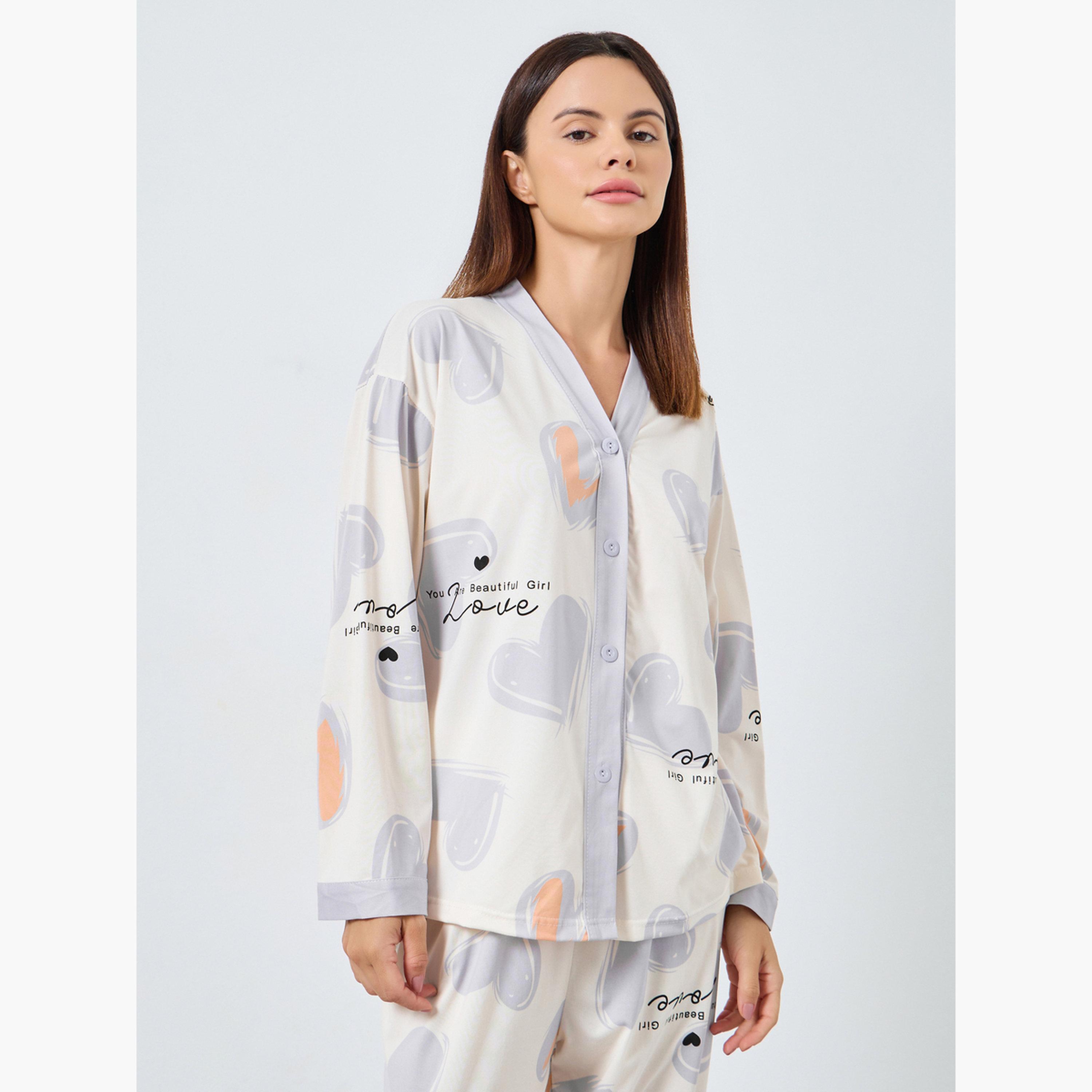 Styli Heart Print Button Placket Shirt and Pyjama Set-women-clothing-nightwear-pyjamas-longsets-image-2