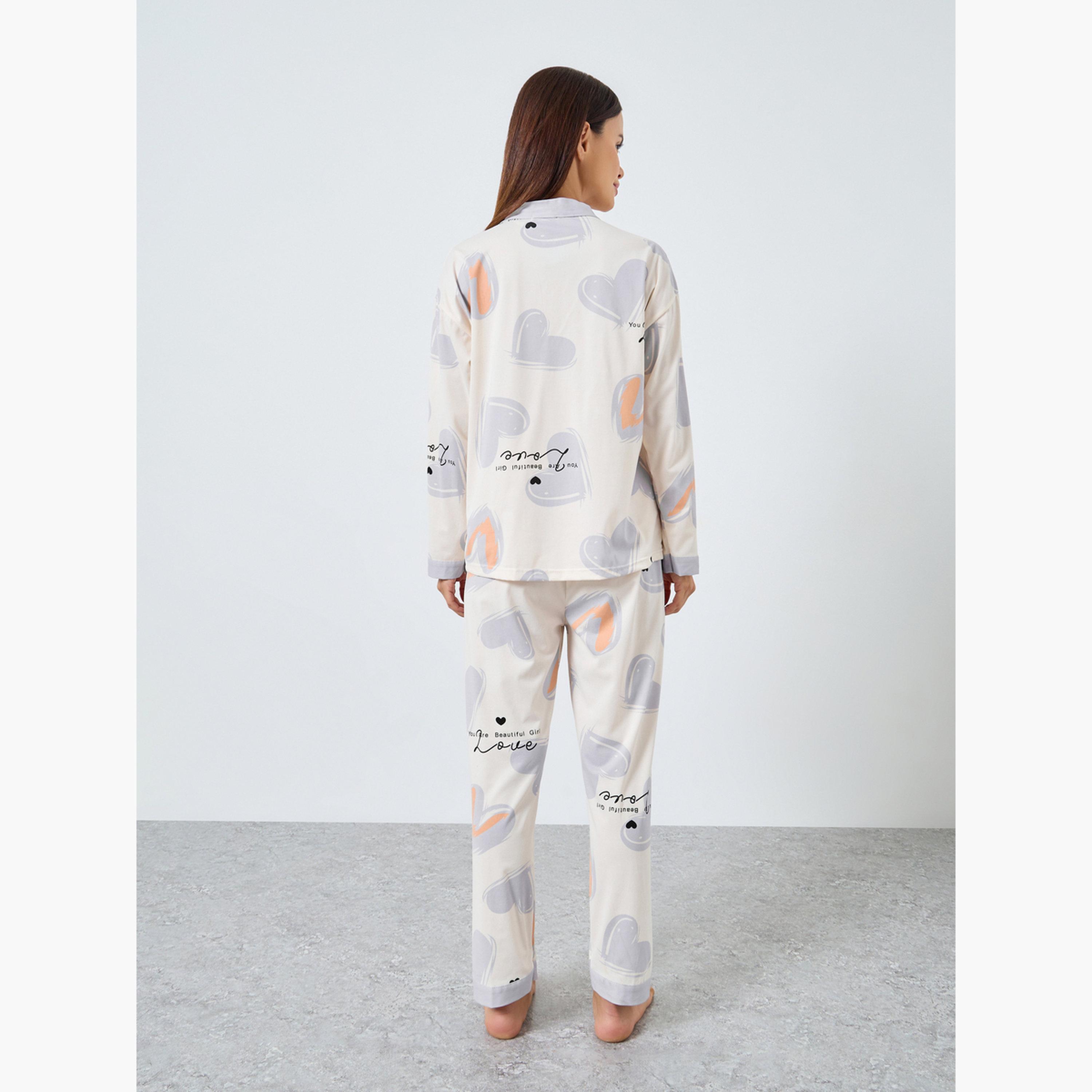 Styli Heart Print Button Placket Shirt and Pyjama Set-women-clothing-nightwear-pyjamas-longsets-image-3