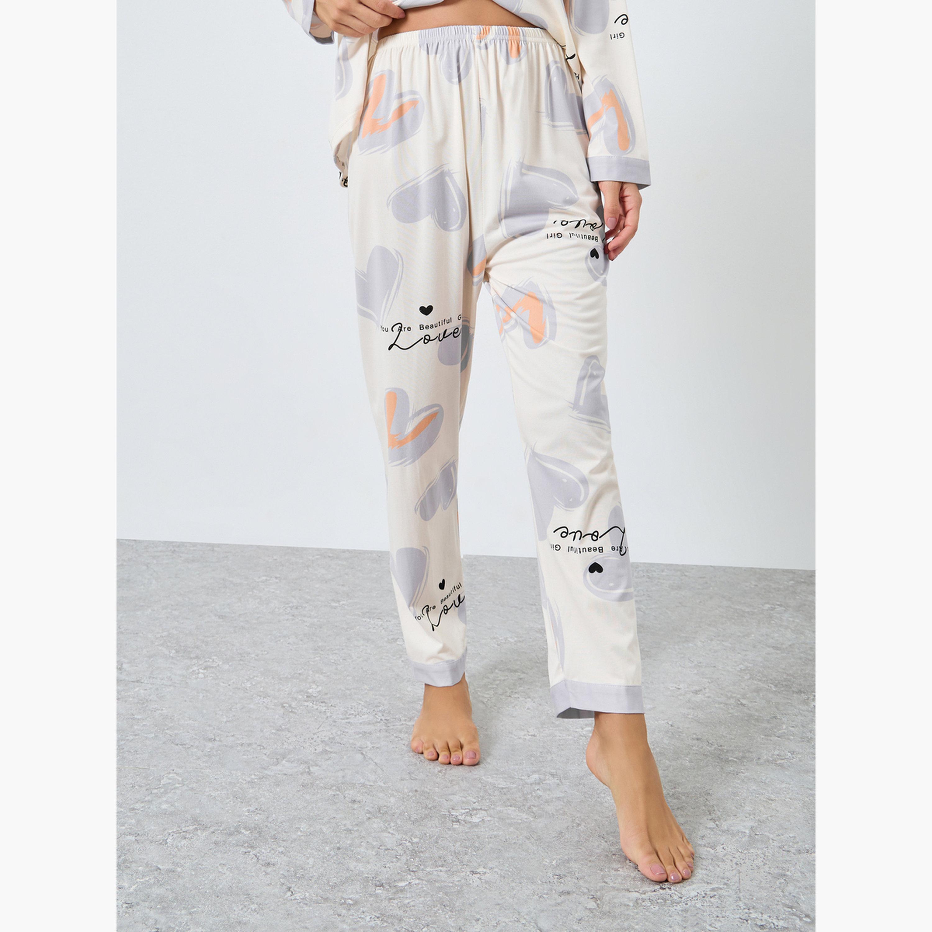 Styli Heart Print Button Placket Shirt and Pyjama Set-women-clothing-nightwear-pyjamas-longsets-image-4