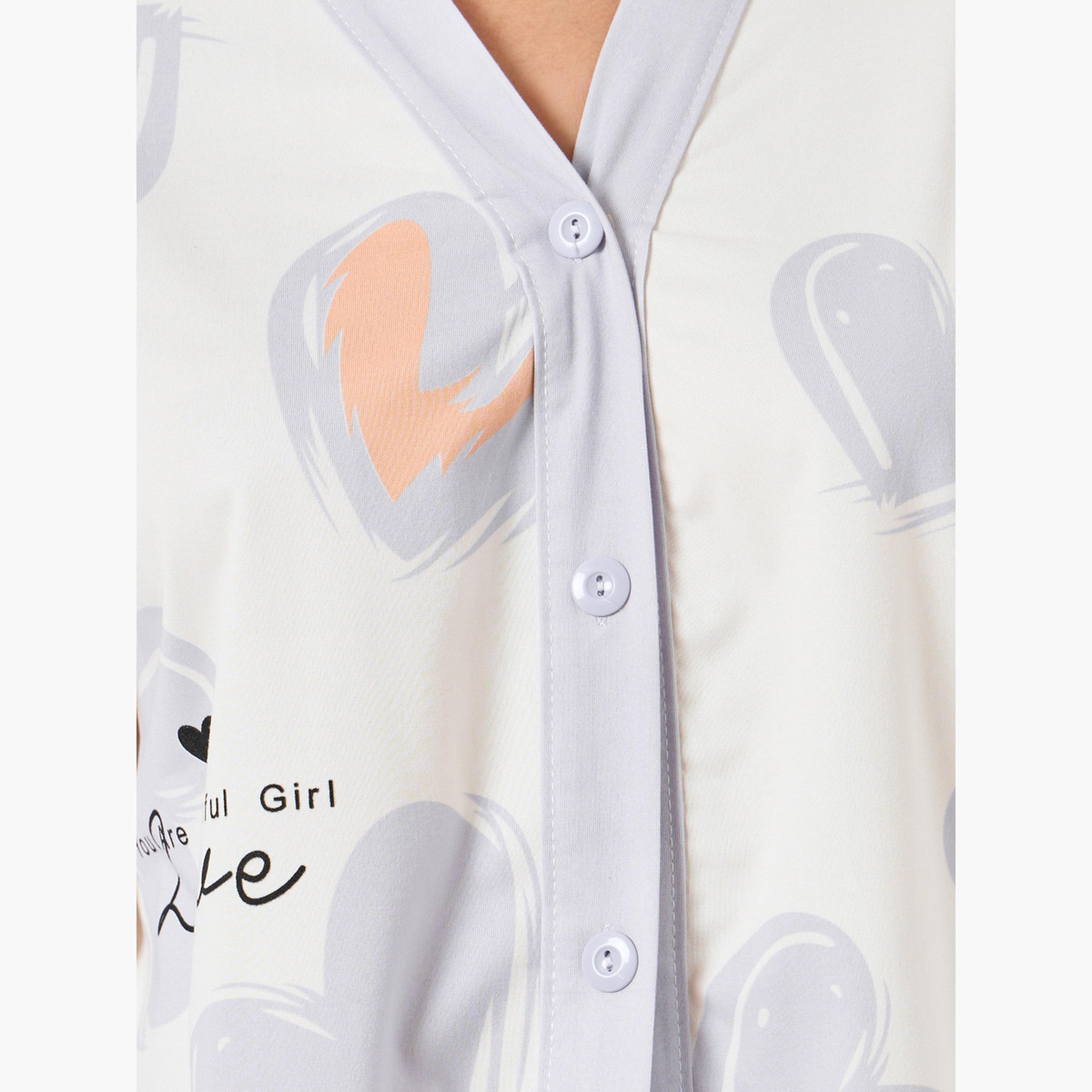 Styli Heart Print Button Placket Shirt and Pyjama Set-women-clothing-nightwear-pyjamas-longsets-image-5