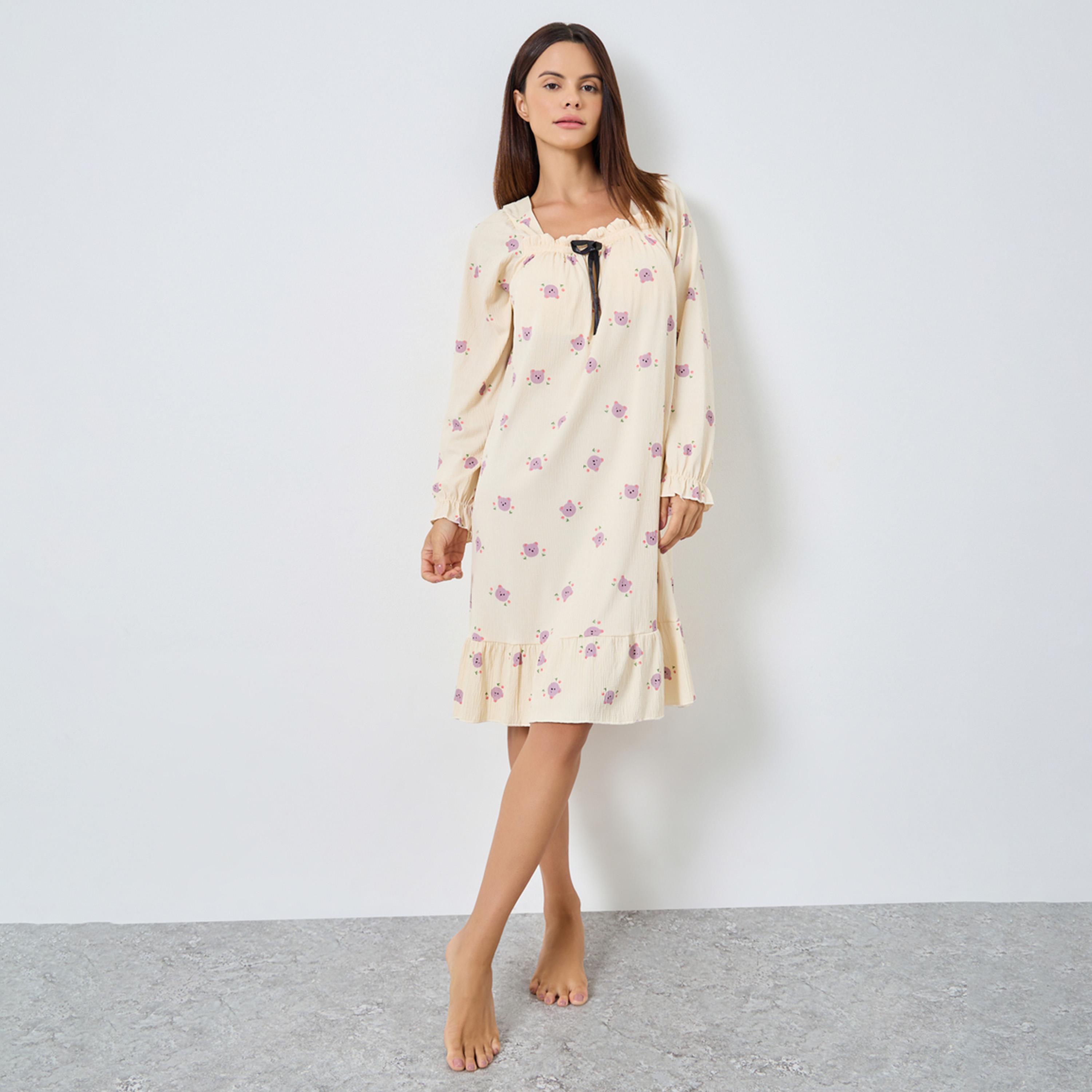 Styli Bear Print Square Neck Nightdress with Bow Detail-women-clothing-nightwear-nighties-image-1