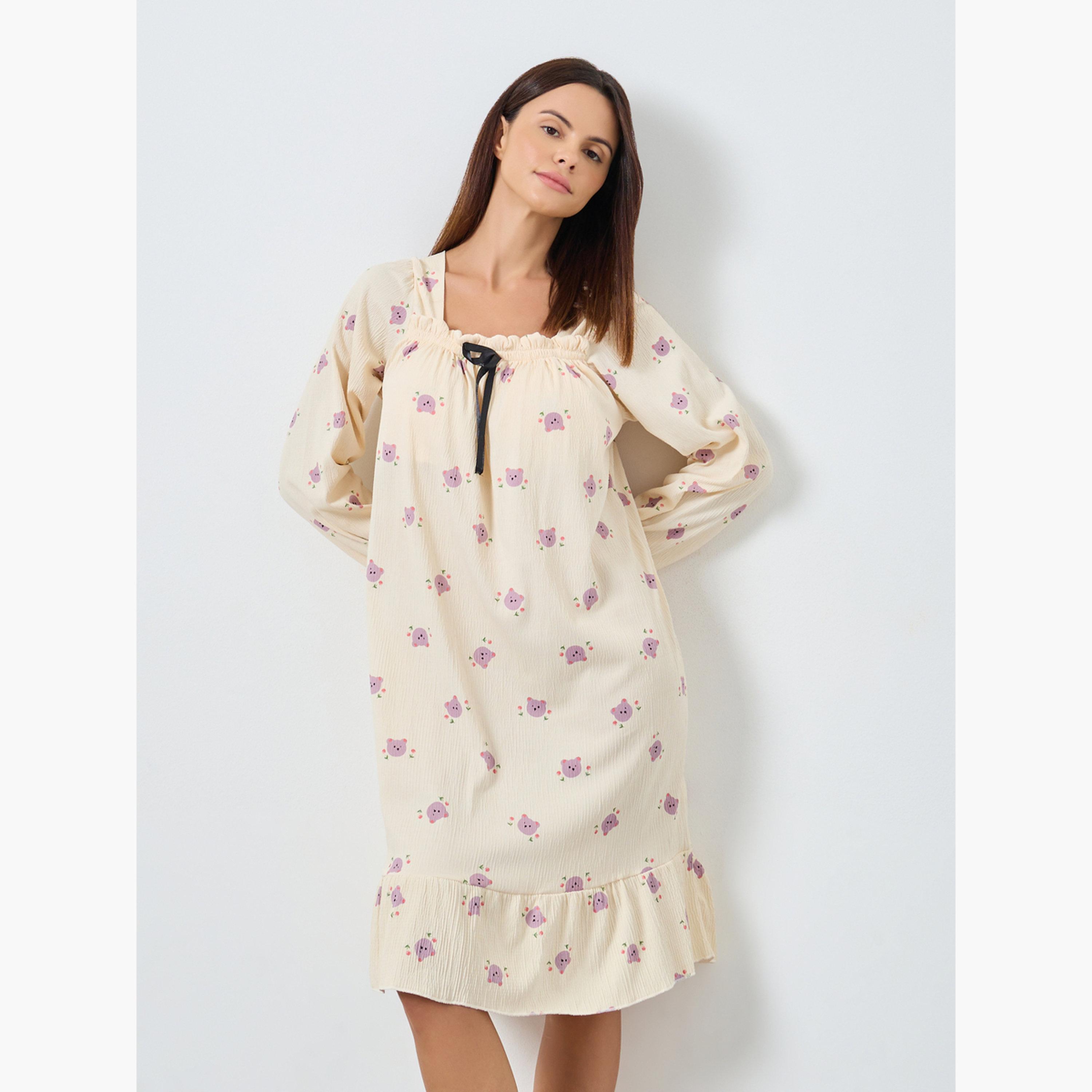 Styli Bear Print Square Neck Nightdress with Bow Detail-women-clothing-nightwear-nighties-image-2