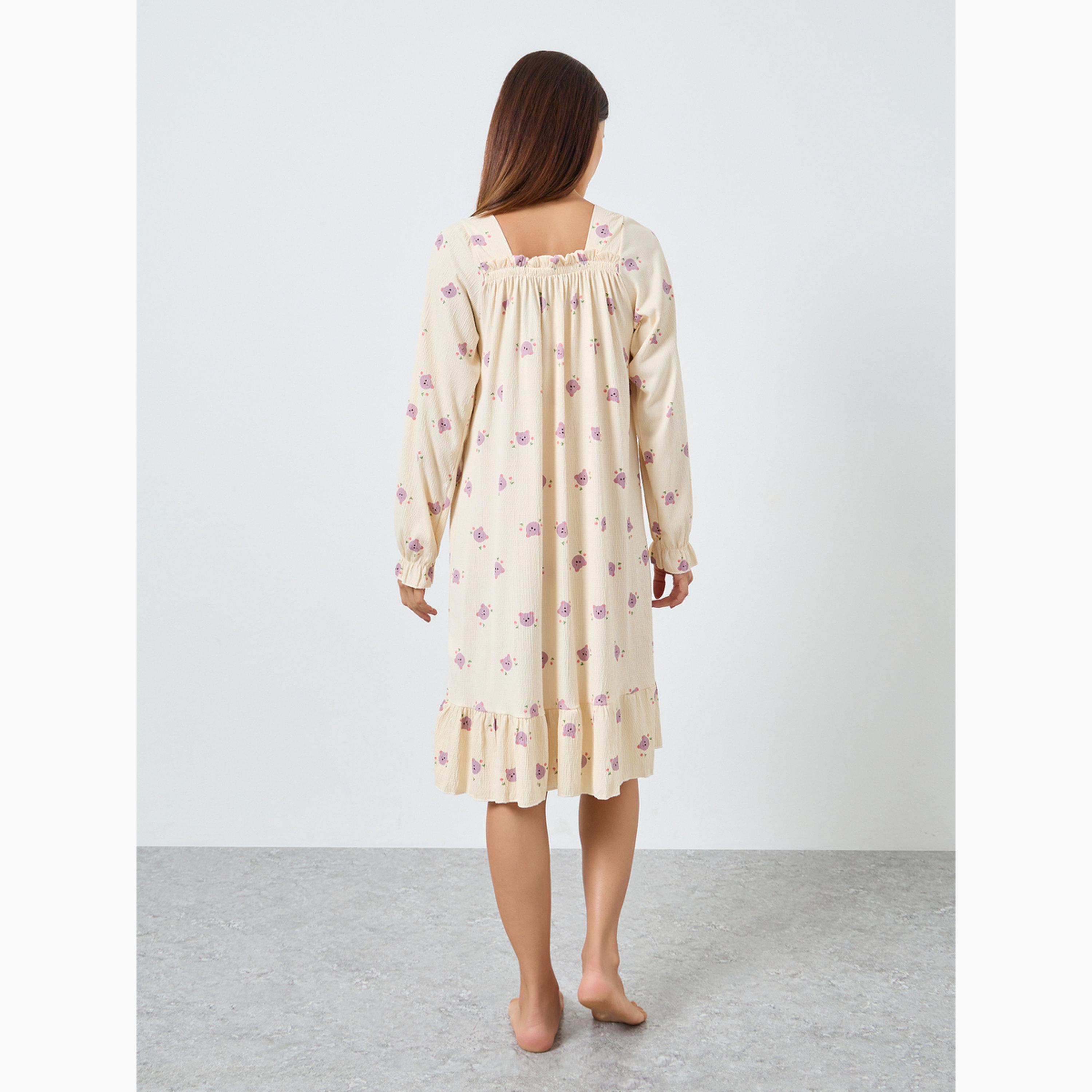 Styli Bear Print Square Neck Nightdress with Bow Detail-women-clothing-nightwear-nighties-image-3