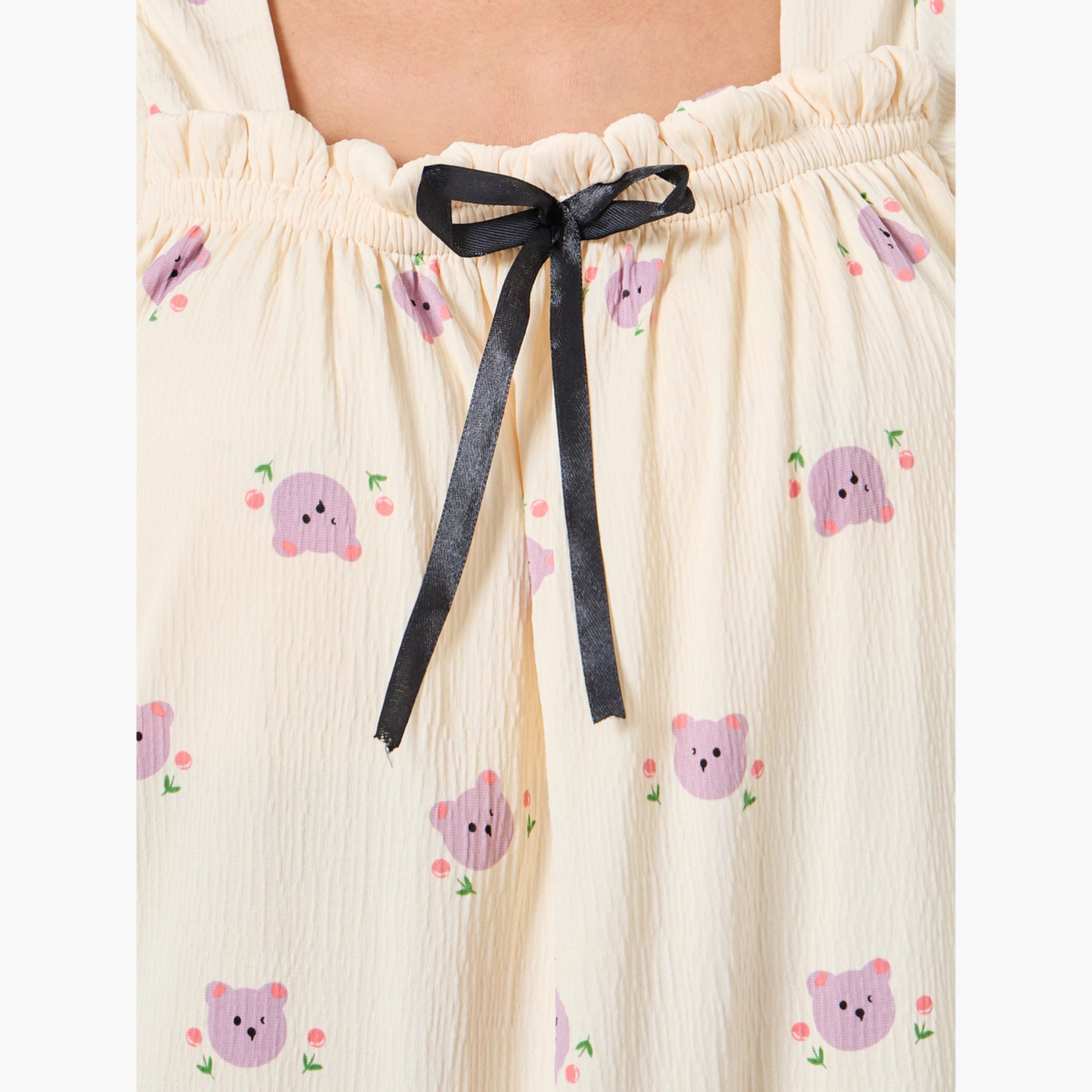 Styli Bear Print Square Neck Nightdress with Bow Detail-women-clothing-nightwear-nighties-image-4
