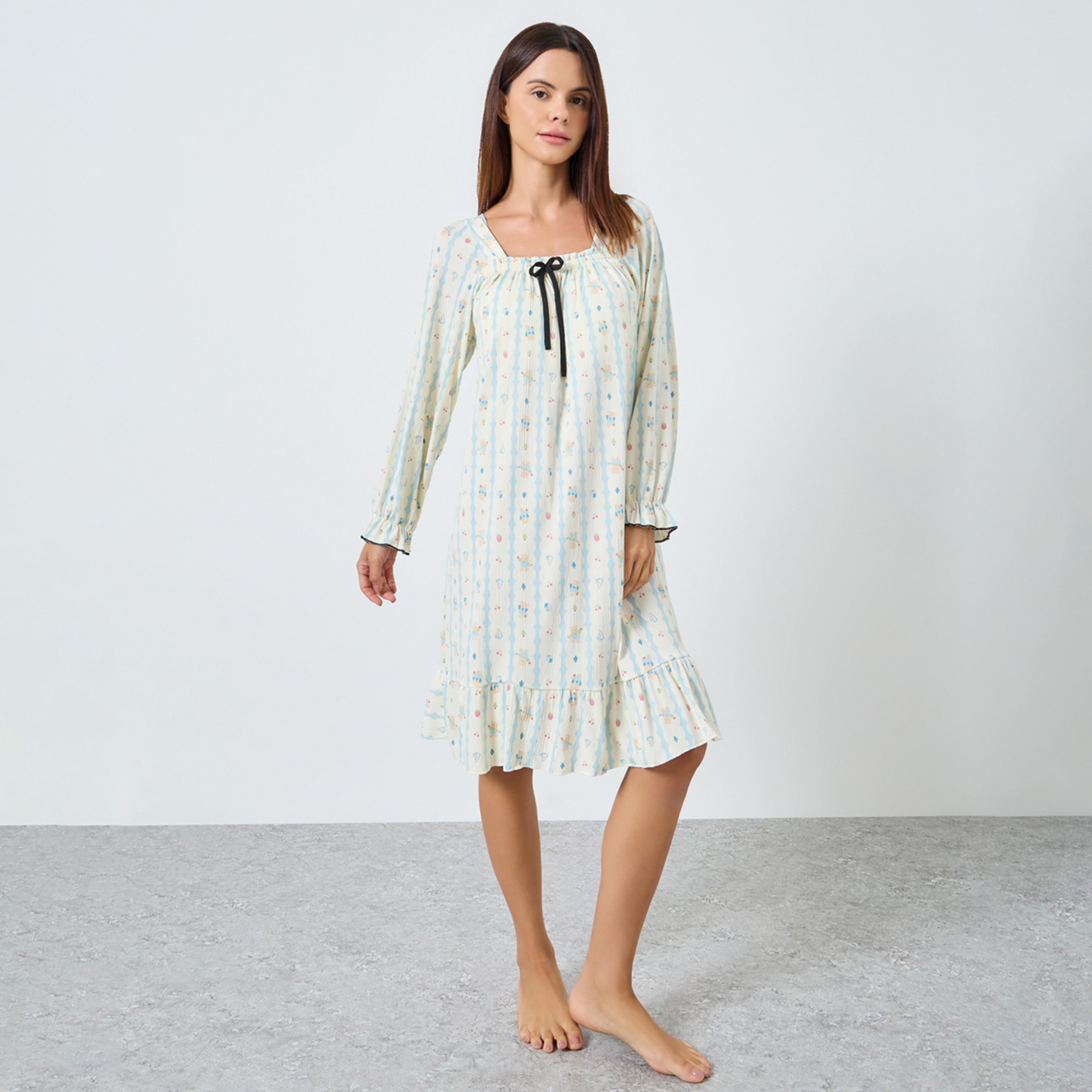 ستايلي - قميص نوم طبعة حيوانات رقبة مربعة وتفاصيل فيونكة-women-clothing-nightwear-nighties-image-1