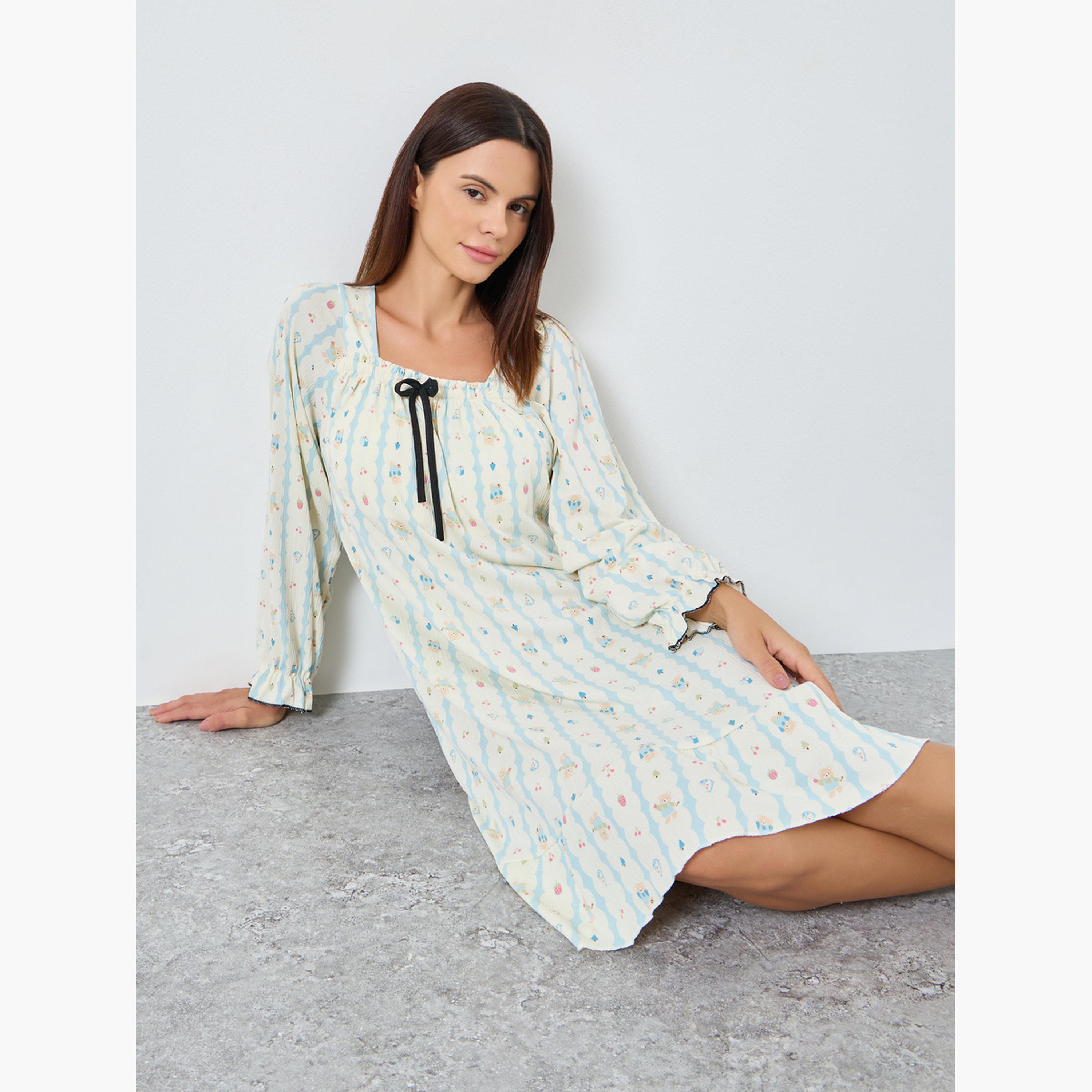 ستايلي - قميص نوم طبعة حيوانات رقبة مربعة وتفاصيل فيونكة-women-clothing-nightwear-nighties-image-2