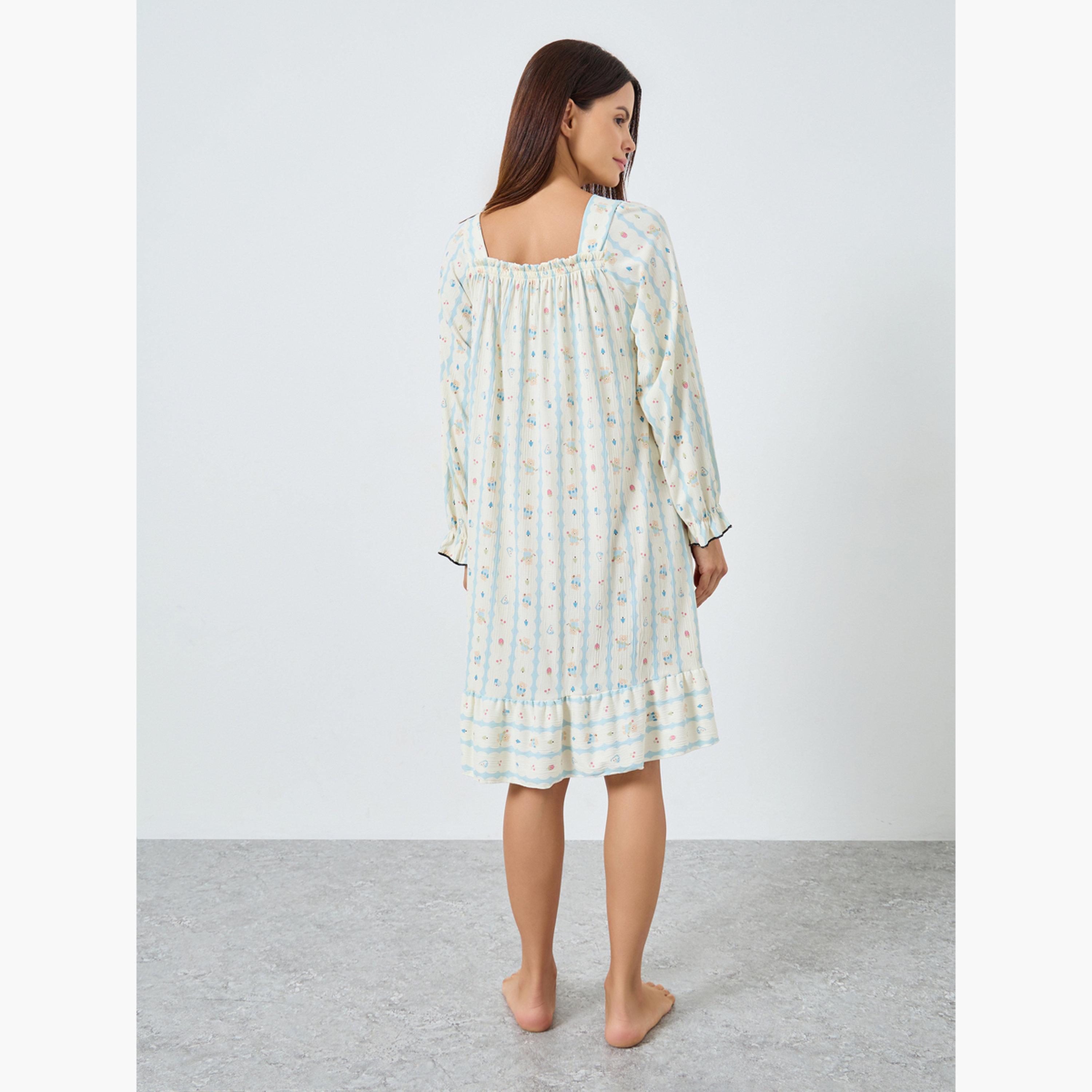 ستايلي - قميص نوم طبعة حيوانات رقبة مربعة وتفاصيل فيونكة-women-clothing-nightwear-nighties-image-3