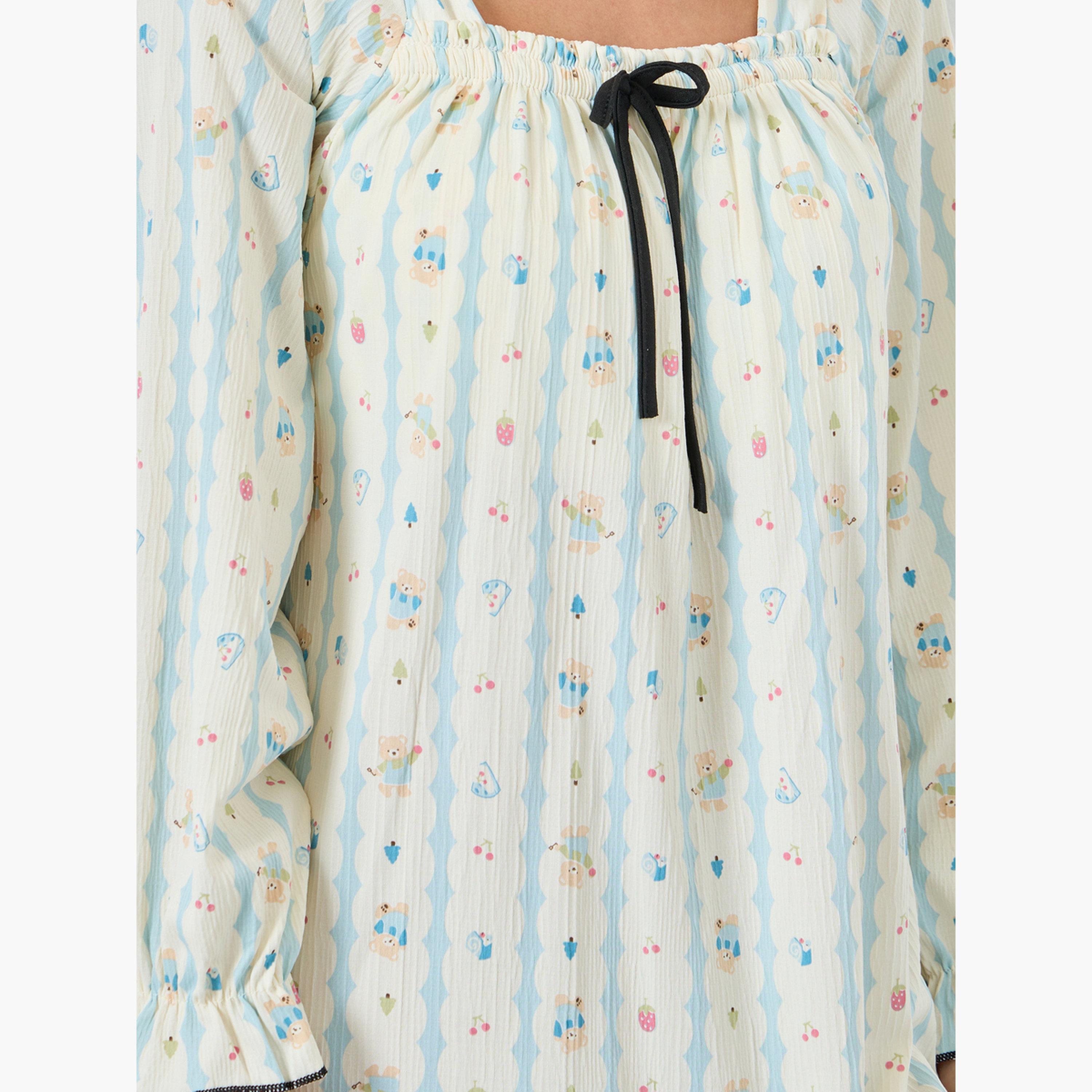 ستايلي - قميص نوم طبعة حيوانات رقبة مربعة وتفاصيل فيونكة-women-clothing-nightwear-nighties-image-4