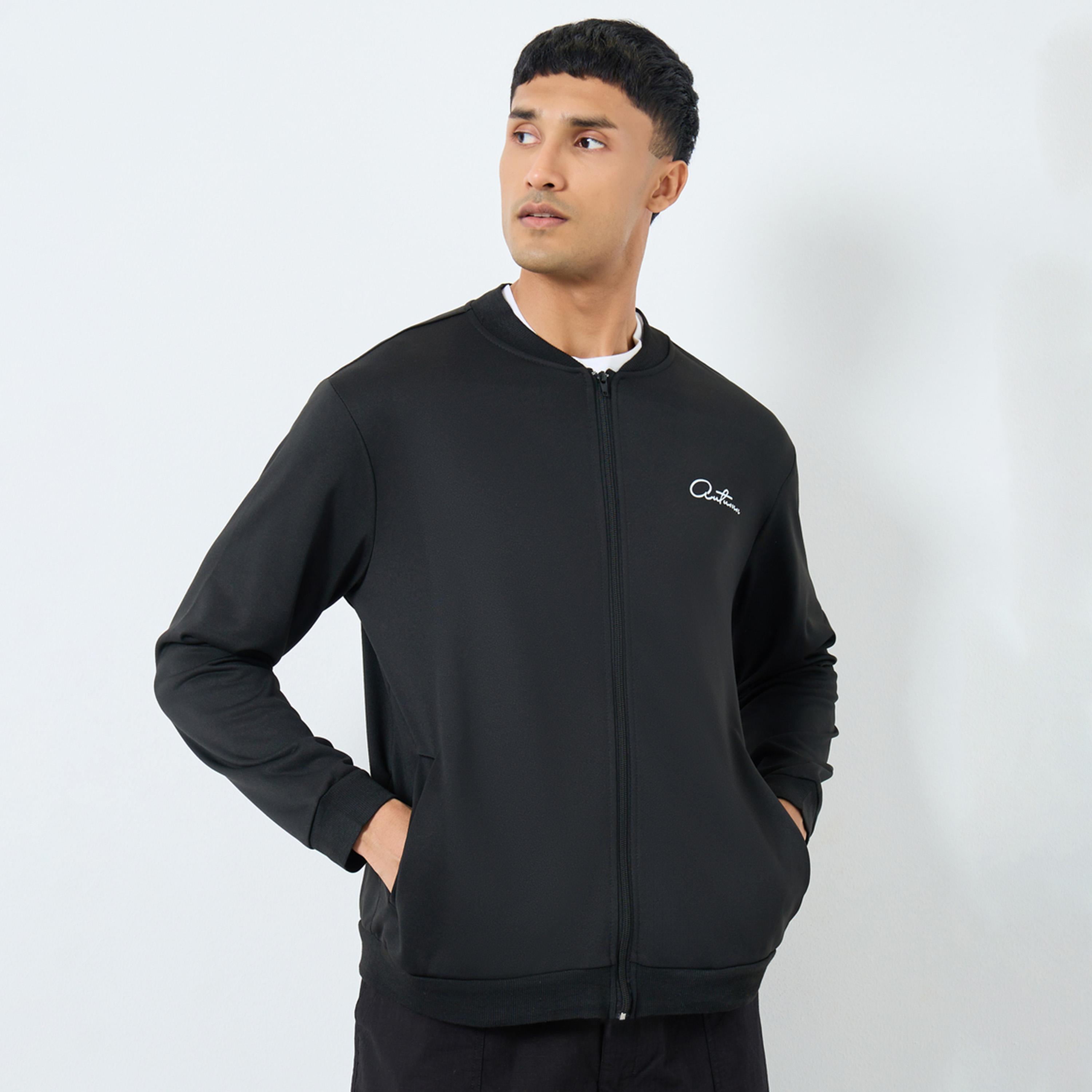 Take Two Text Print Round Neck Long Sleeves Men's Zip Through Bomber Sweatshirt-men-clothing-jacketsandblazers-jackets-image-1