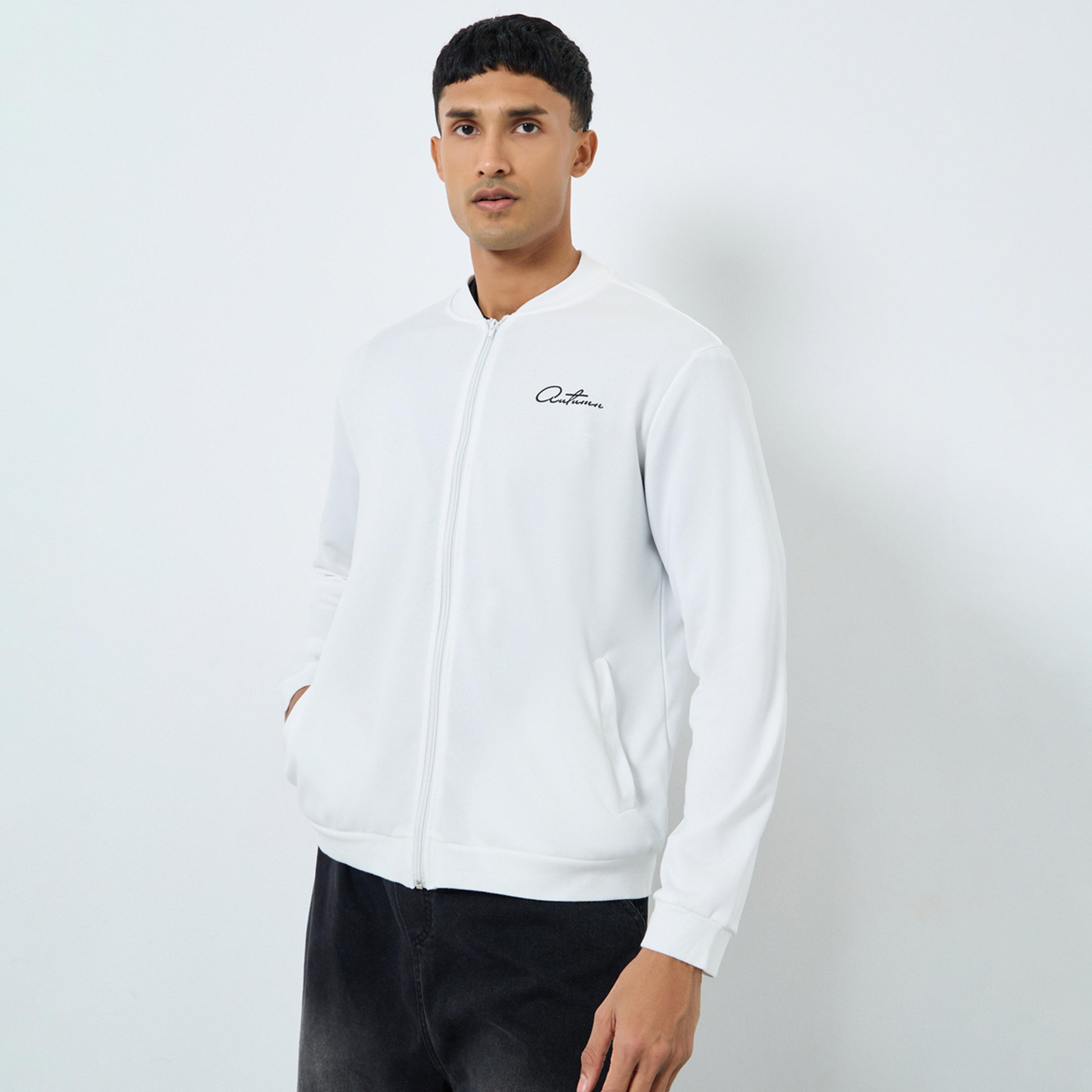 Take Two Text Print Round Neck Long Sleeves Men's Zip Through Bomber Sweatshirt-men-clothing-jacketsandblazers-jackets-image-1